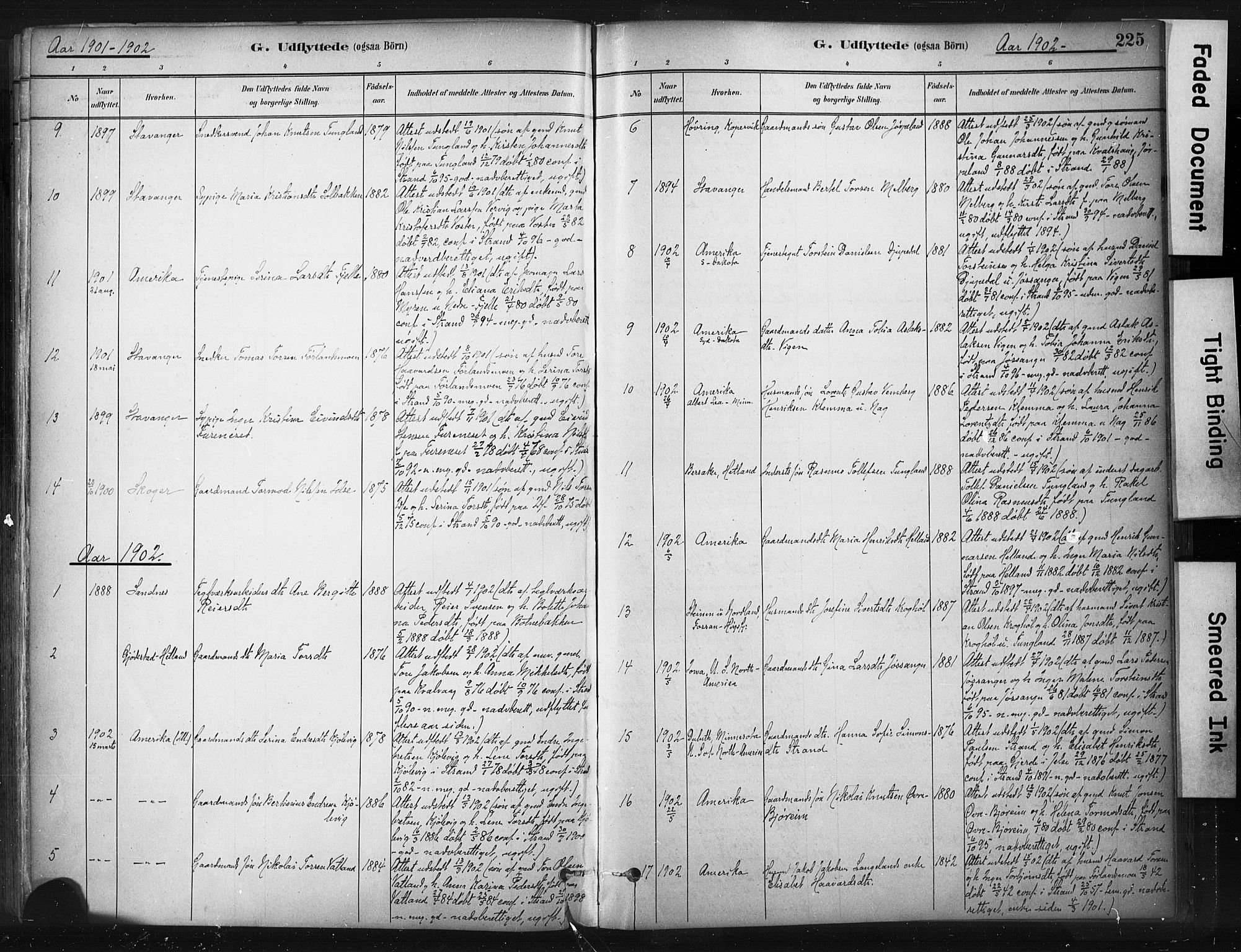 Strand sokneprestkontor, AV/SAST-A-101828/H/Ha/Haa/L0010: Parish register (official) no. A 10, 1882-1929, p. 225