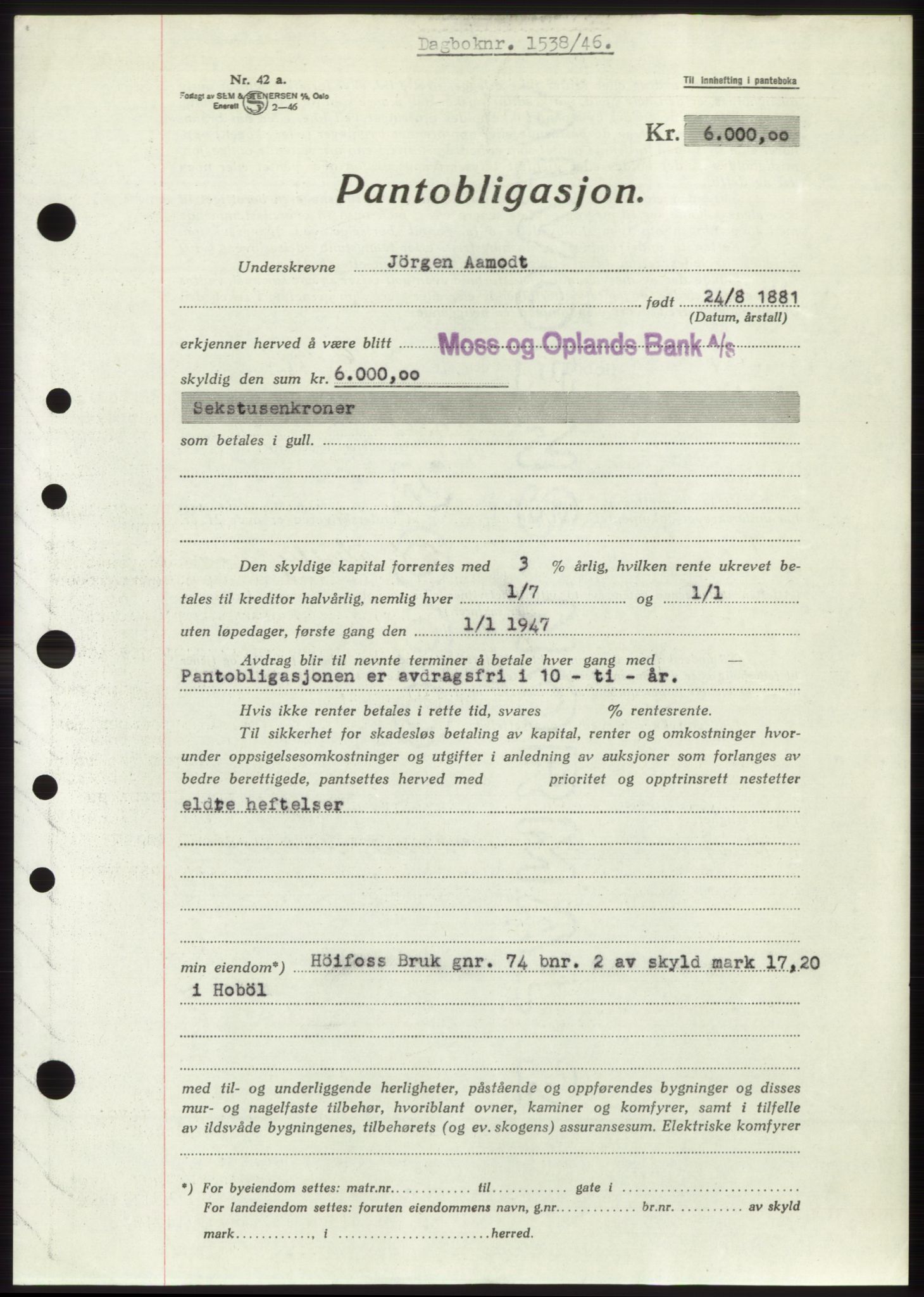 Moss sorenskriveri, AV/SAO-A-10168: Mortgage book no. B15, 1946-1946, Diary no: : 1538/1946