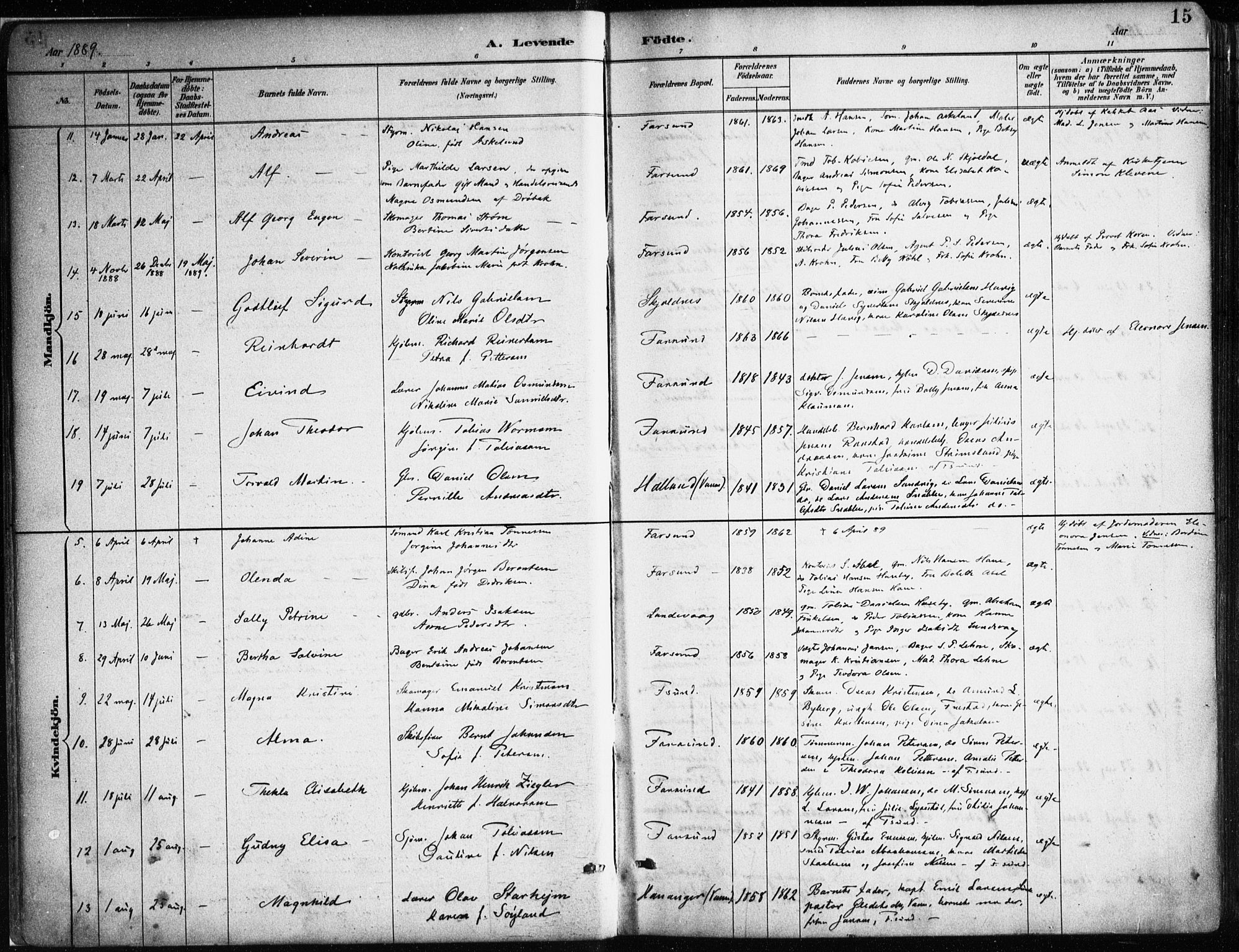 Farsund sokneprestkontor, SAK/1111-0009/F/Fa/L0006: Parish register (official) no. A 6, 1887-1920, p. 15