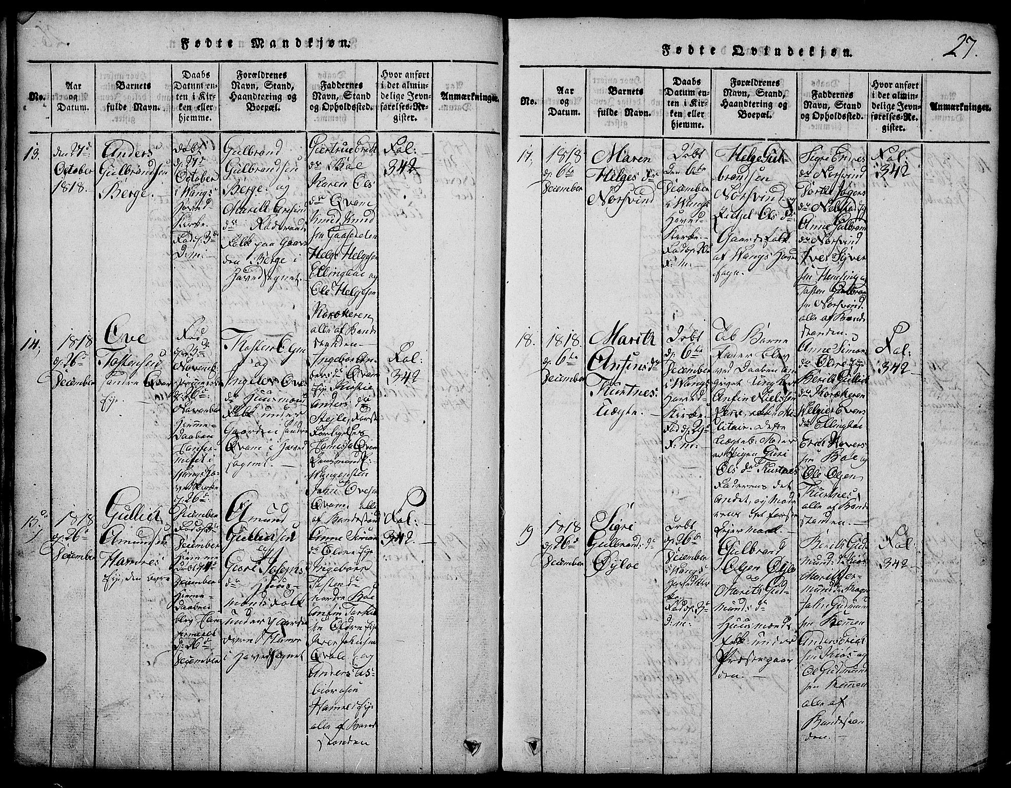 Vang prestekontor, Valdres, SAH/PREST-140/H/Hb/L0002: Parish register (copy) no. 2, 1814-1889, p. 27