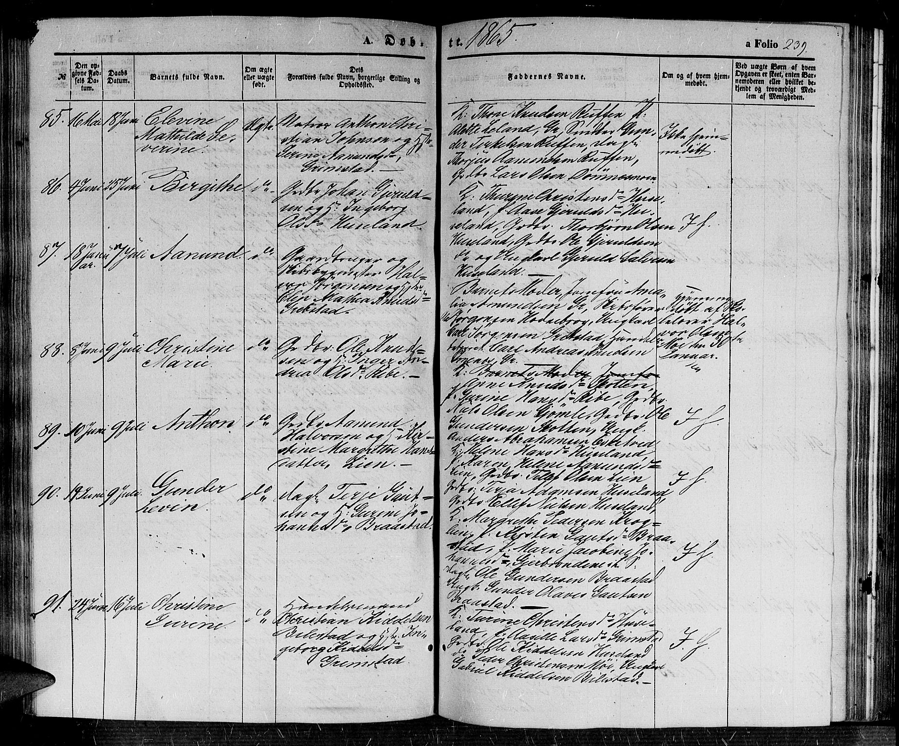 Fjære sokneprestkontor, SAK/1111-0011/F/Fb/L0008: Parish register (copy) no. B 8, 1854-1867, p. 239