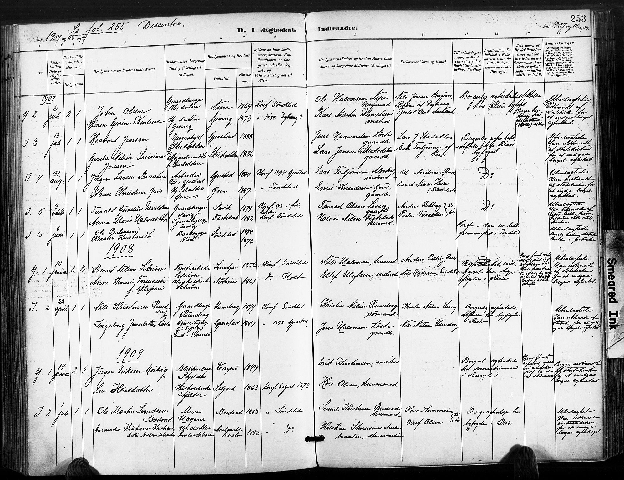 Søndeled sokneprestkontor, AV/SAK-1111-0038/F/Fa/L0006: Parish register (official) no. A 6, 1900-1922, p. 253