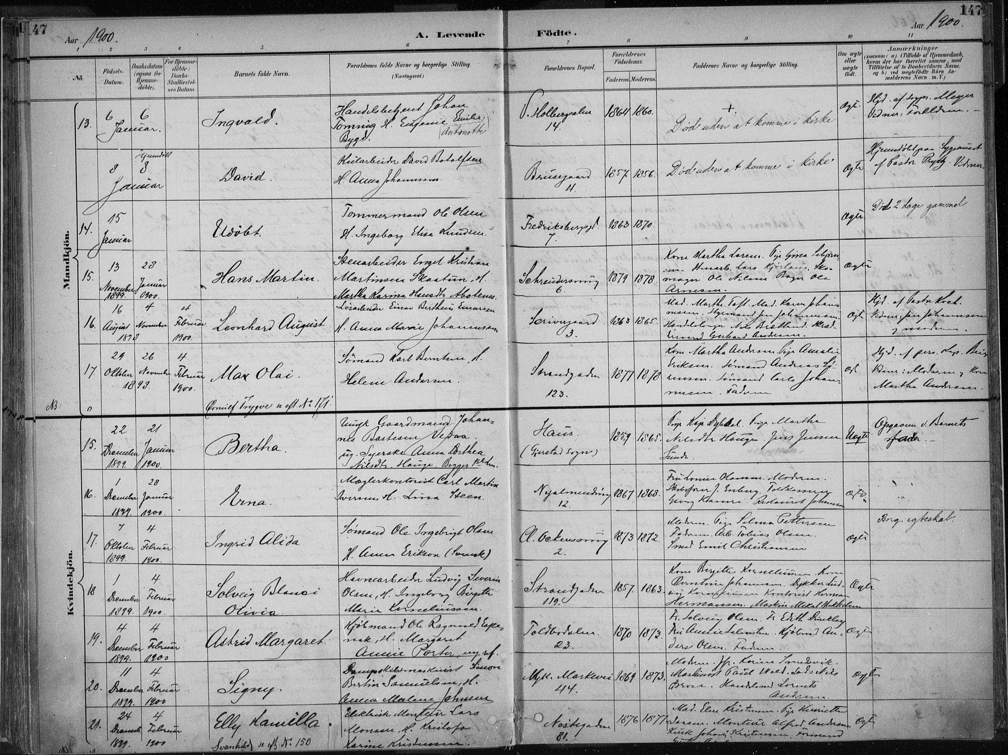 Nykirken Sokneprestembete, AV/SAB-A-77101/H/Haa/L0018: Parish register (official) no. B 6, 1895-1903, p. 147