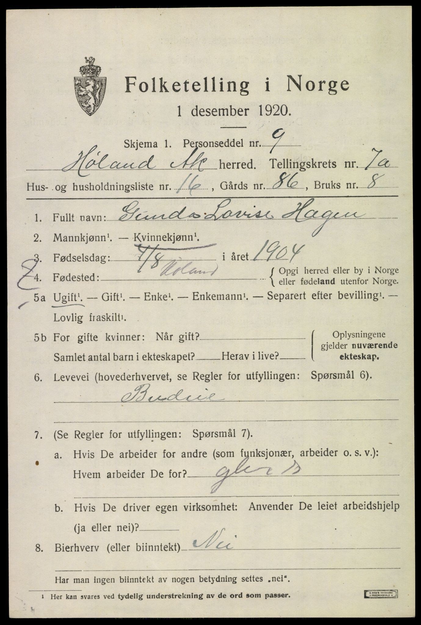 SAO, 1920 census for Høland, 1920, p. 9361