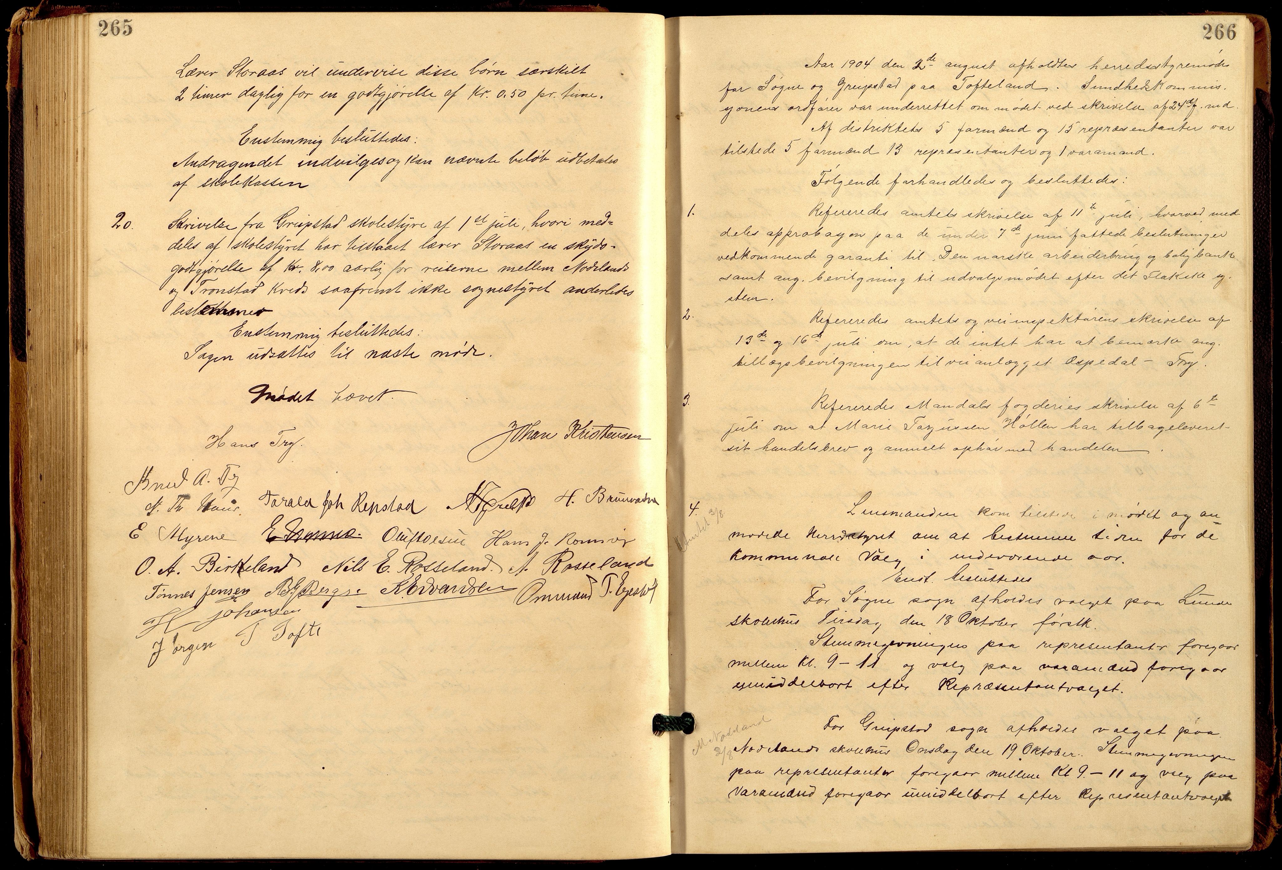 Søgne og Greipstad kommune - Formannskapet, ARKSOR/1018SG120/A/L0006: Møtebok (d), 1901-1909, p. 265-266