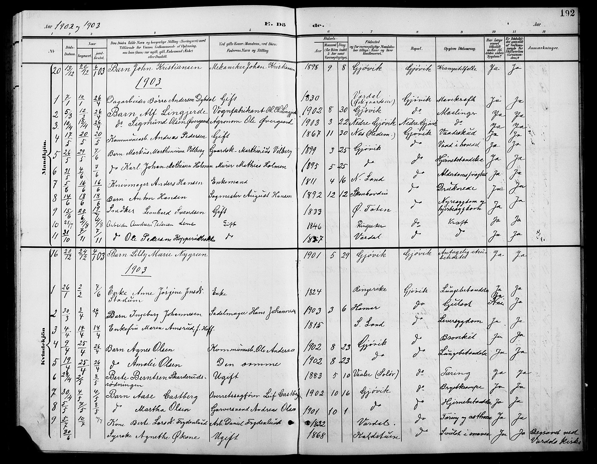 Vardal prestekontor, SAH/PREST-100/H/Ha/Hab/L0012: Parish register (copy) no. 12, 1902-1911, p. 192