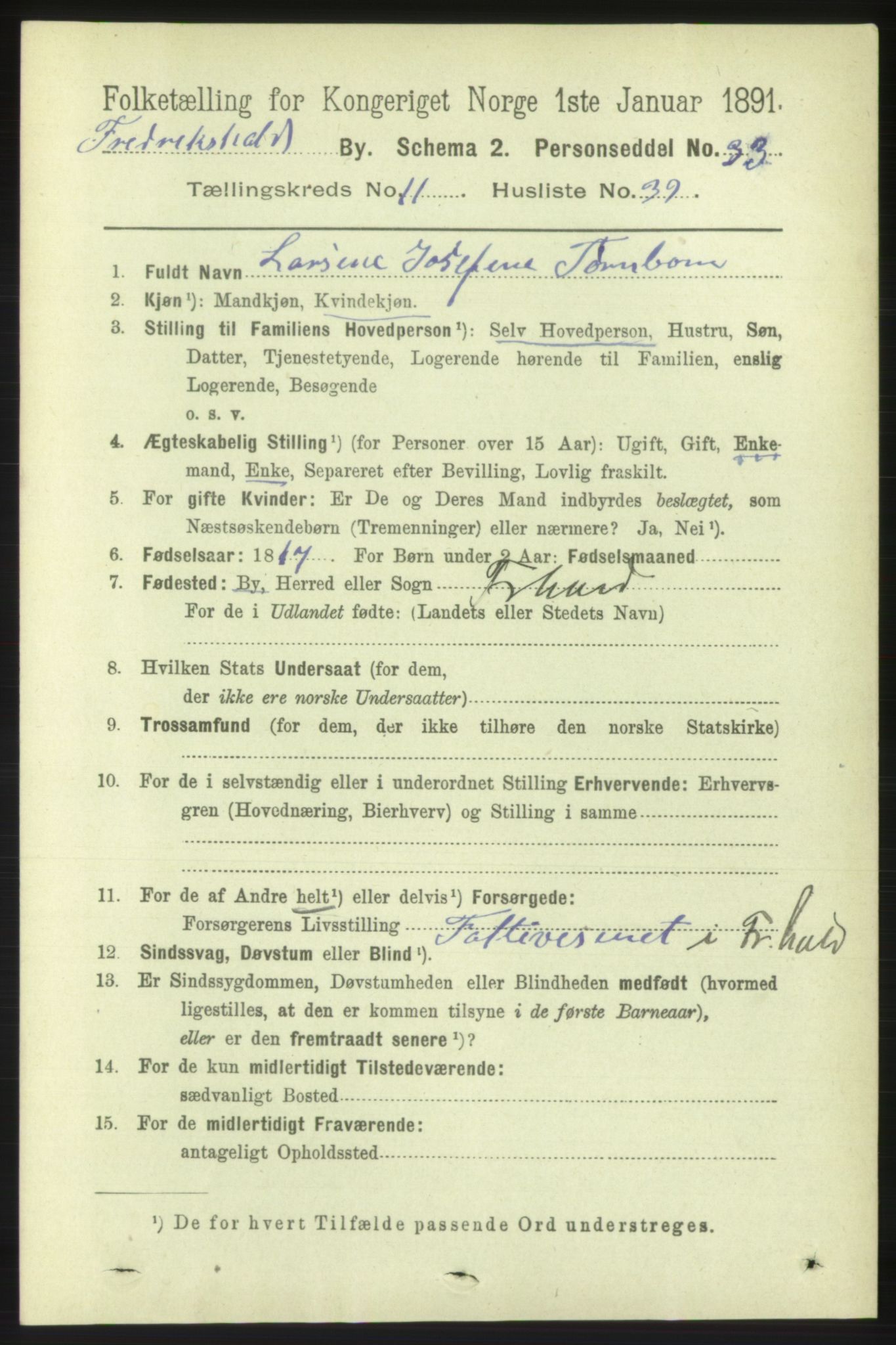 RA, 1891 census for 0101 Fredrikshald, 1891, p. 8210