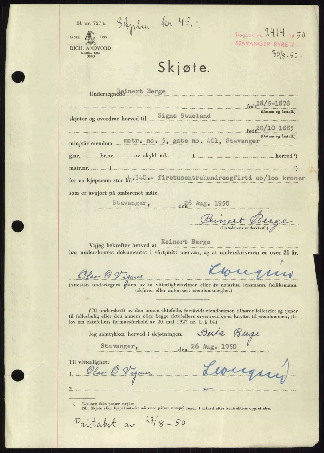 Stavanger byrett, SAST/A-100455/002/G/Gb/L0024: Mortgage book no. A13, 1949-1950, Diary no: : 2414/1950