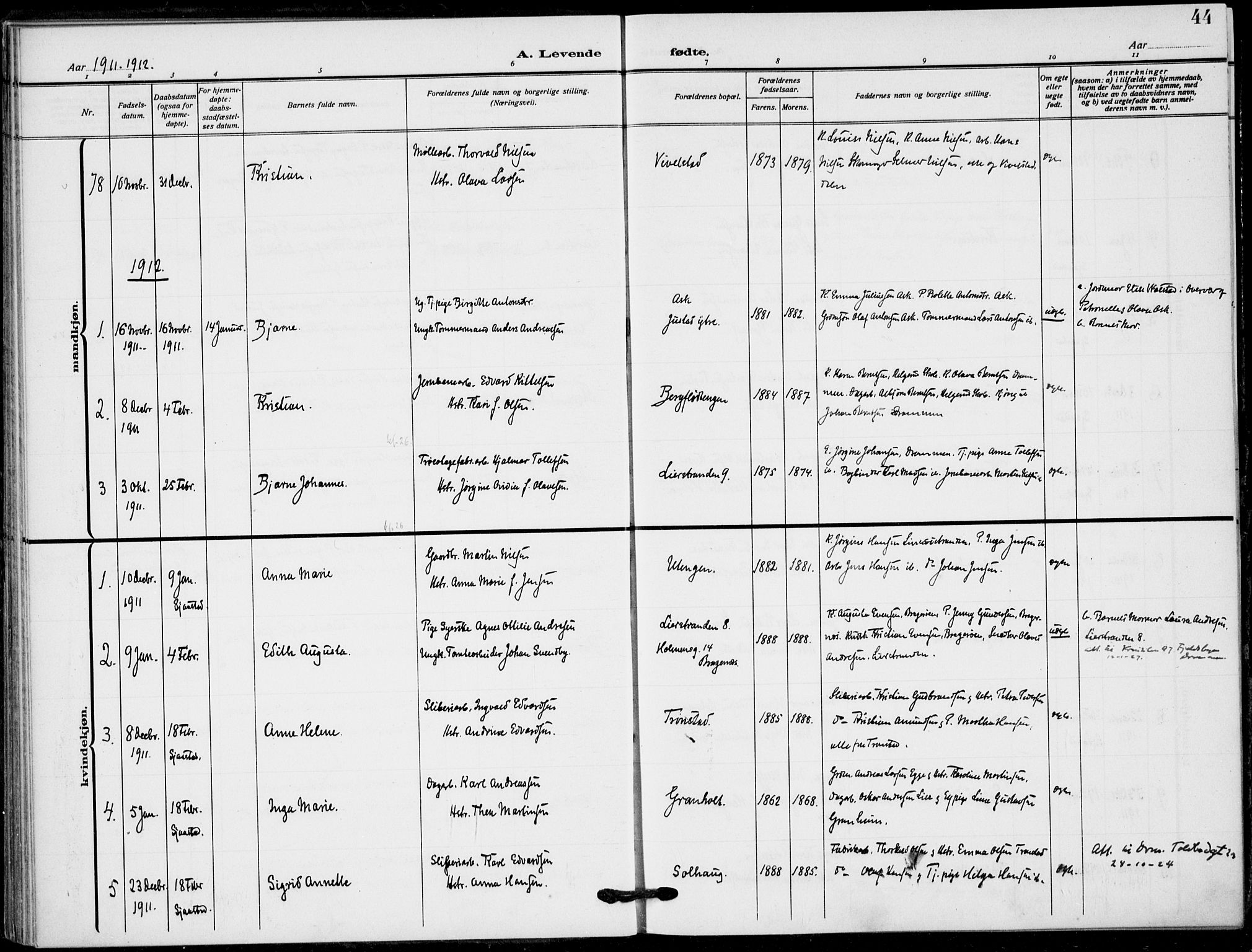 Lier kirkebøker, SAKO/A-230/F/Fa/L0018: Parish register (official) no. I 18, 1909-1917, p. 44