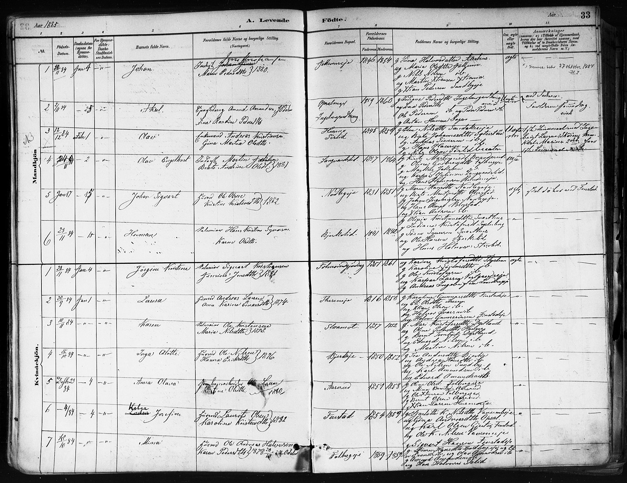 Nes prestekontor Kirkebøker, SAO/A-10410/F/Fa/L0010: Parish register (official) no. I 10, 1883-1898, p. 33