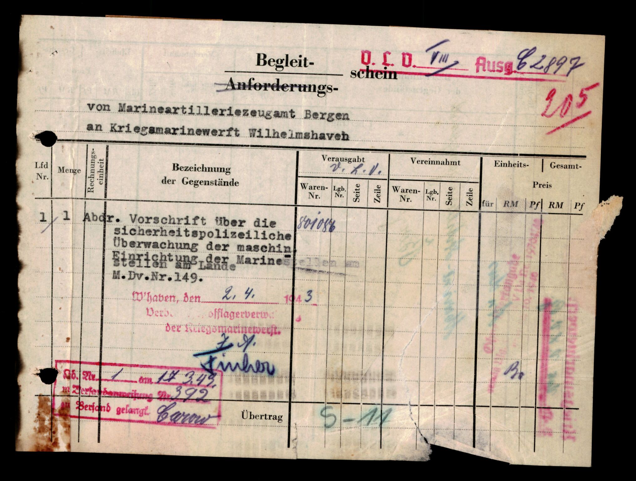 Forsvarets Overkommando. 2 kontor. Arkiv 11.4. Spredte tyske arkivsaker, AV/RA-RAFA-7031/D/Dar/Darc/L0031: Tysk marine og marineartilleri, 1940-1943, p. 569