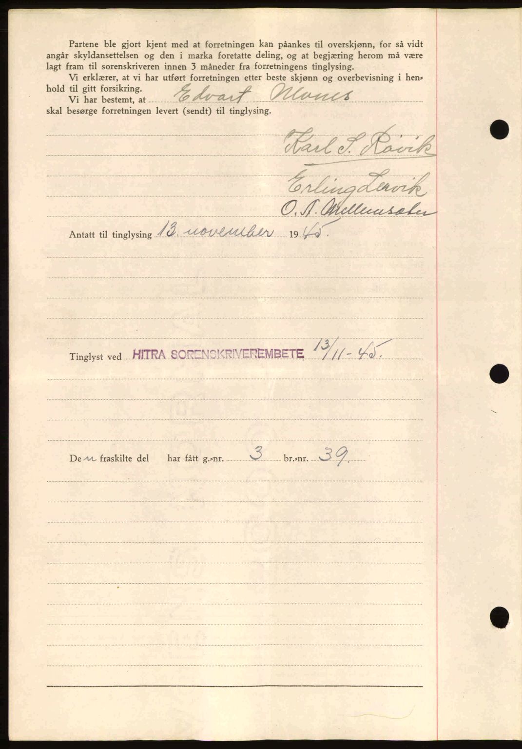 Hitra sorenskriveri, AV/SAT-A-0018/2/2C/2Ca: Mortgage book no. A2, 1943-1945, Diary no: : 590/1945