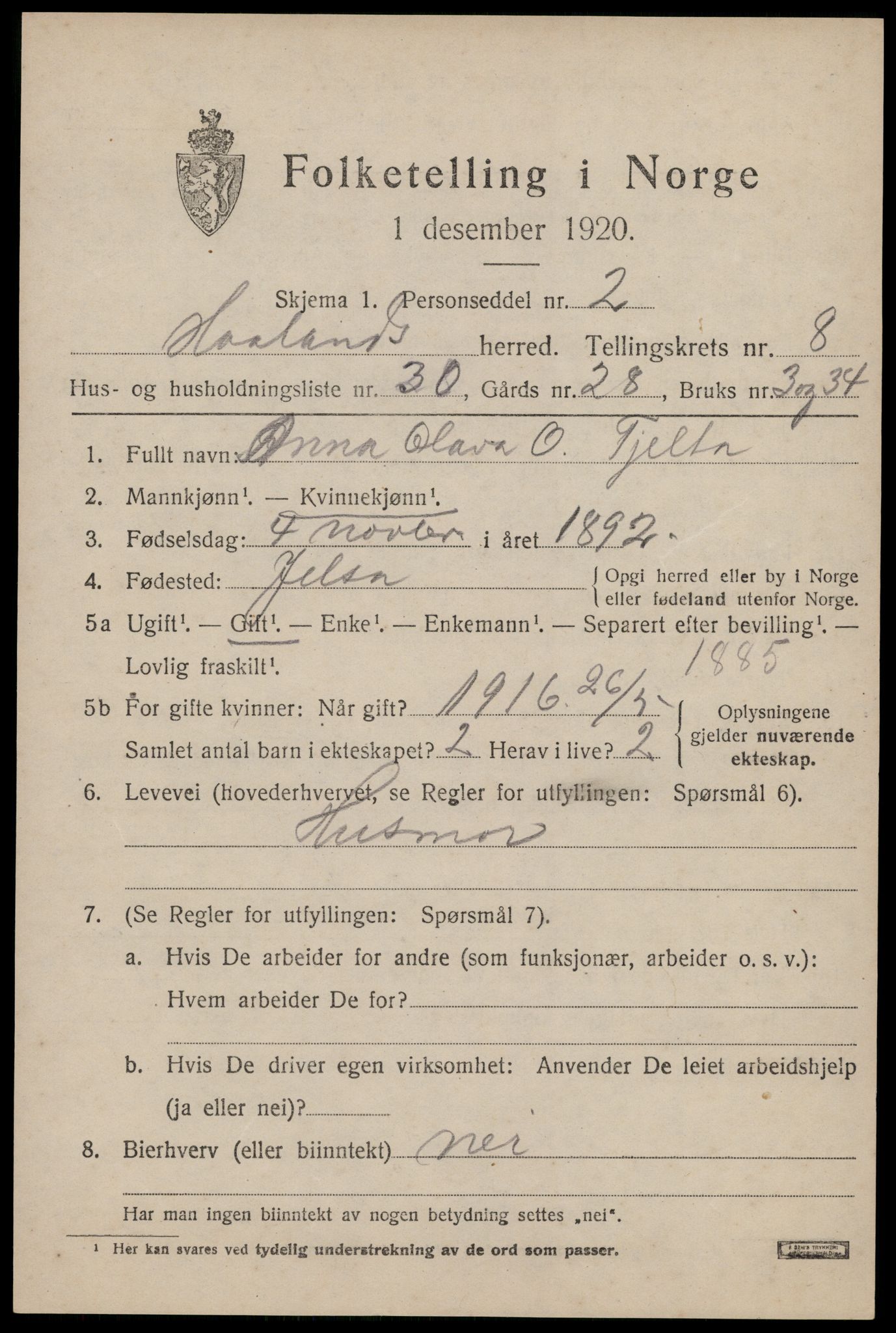 SAST, 1920 census for Håland, 1920, p. 6697