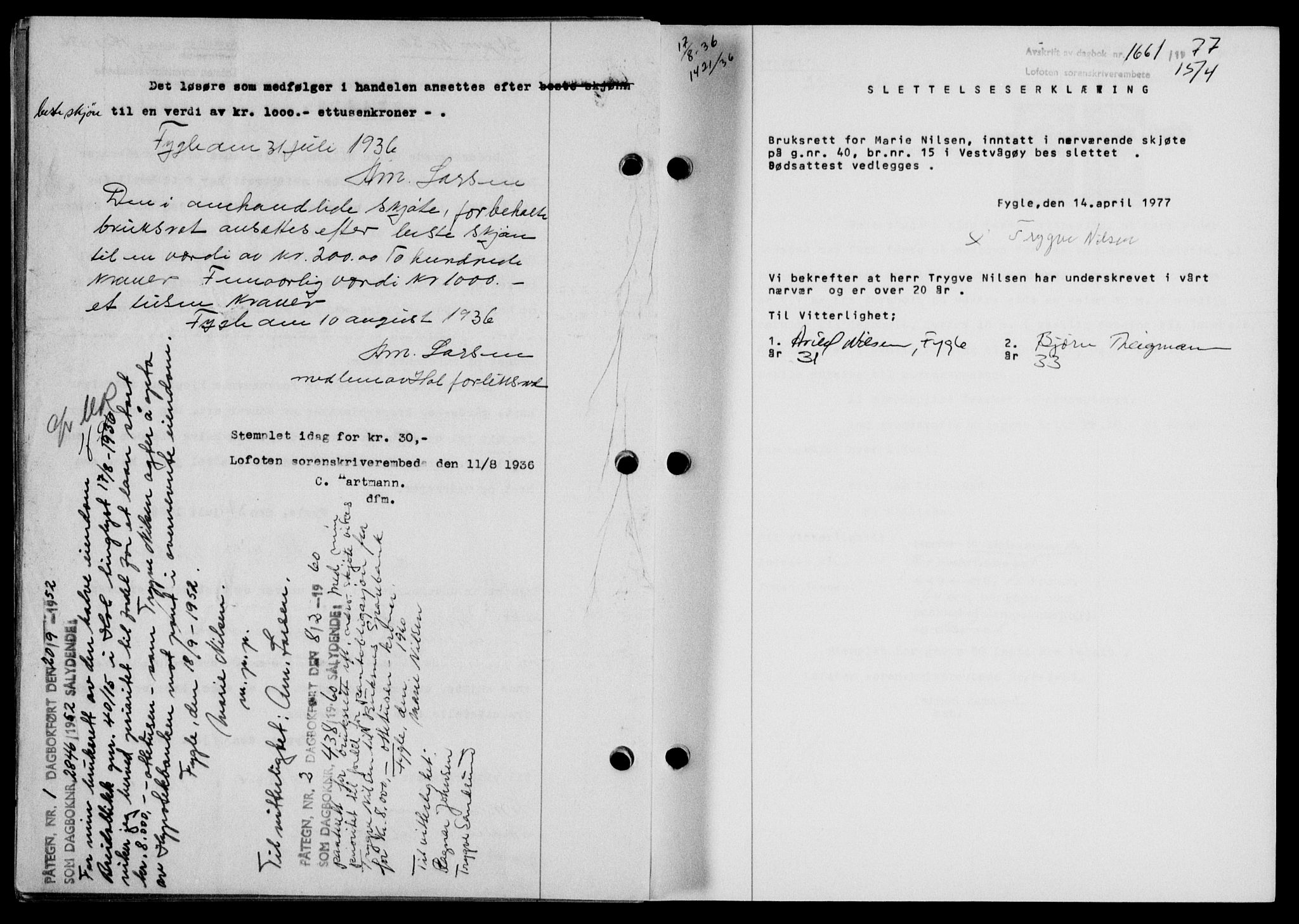 Lofoten sorenskriveri, SAT/A-0017/1/2/2C/L0001a: Mortgage book no. 1a, 1936-1937, Diary no: : 1661/1977