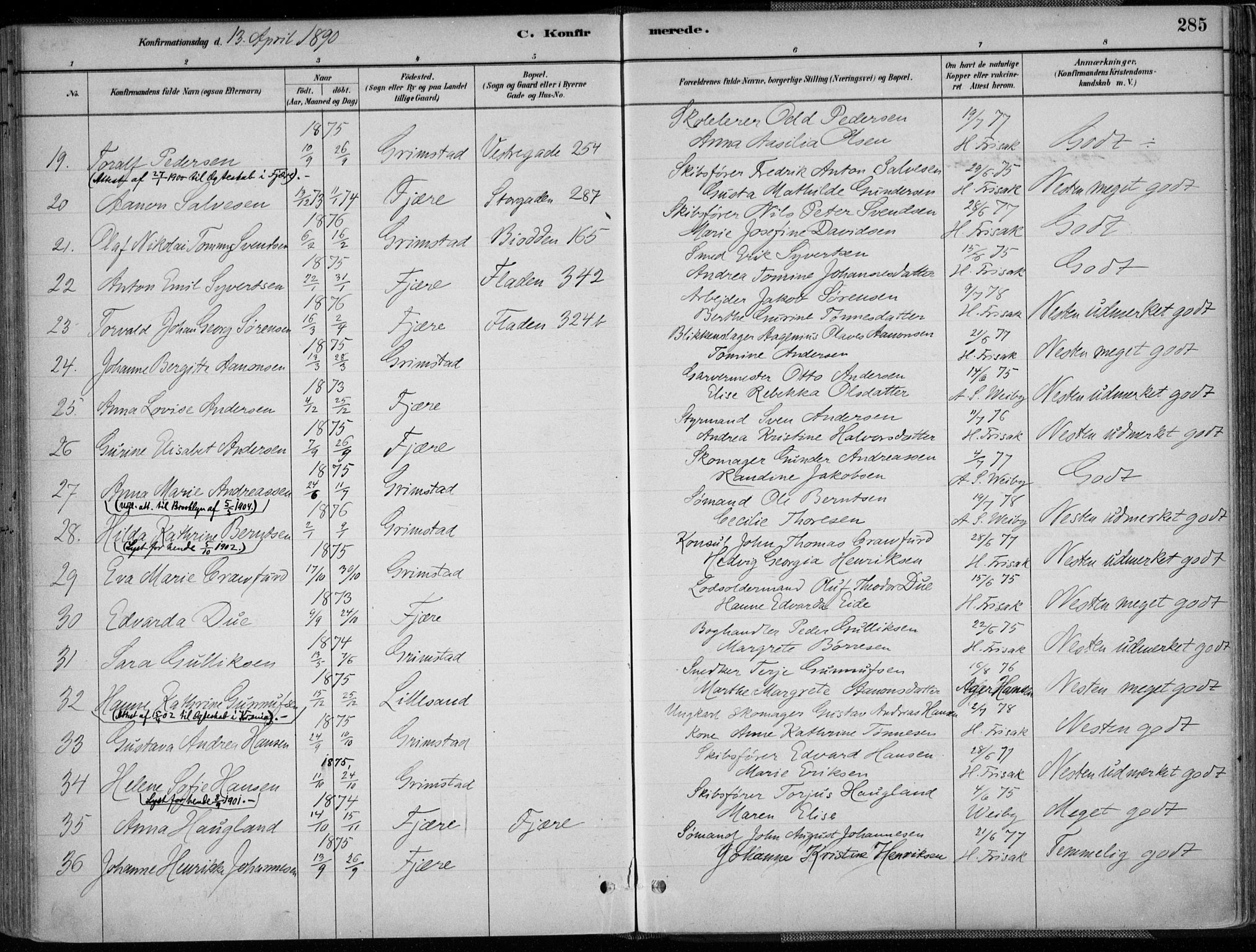 Grimstad sokneprestkontor, SAK/1111-0017/F/Fa/L0003: Parish register (official) no. A 2, 1882-1912, p. 285