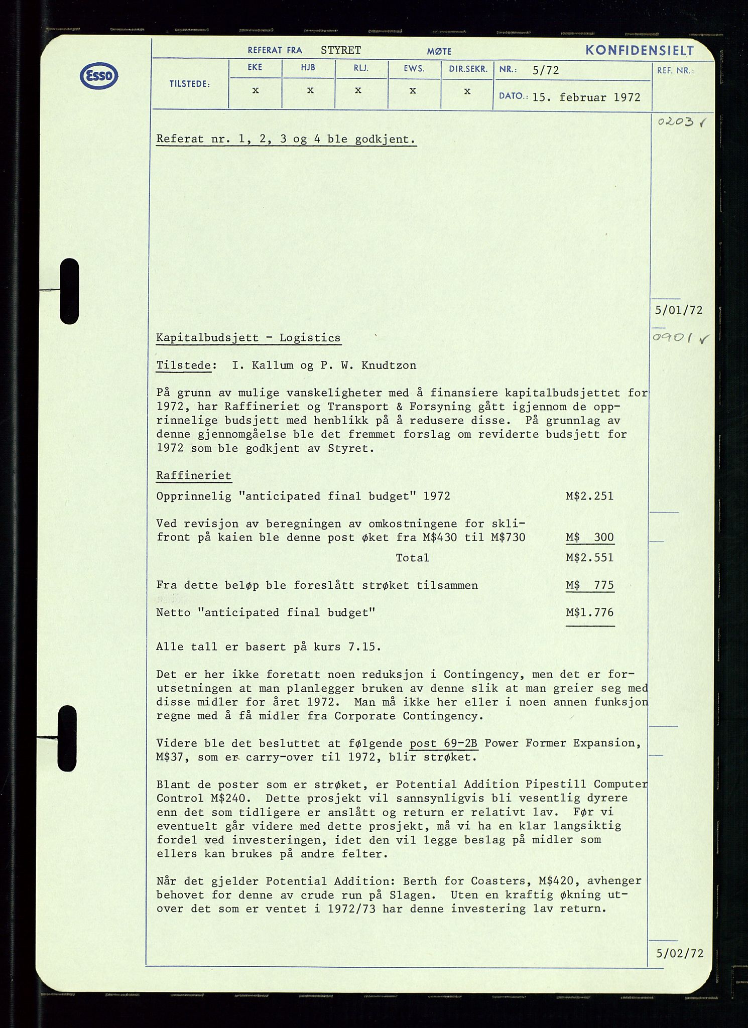 Pa 0982 - Esso Norge A/S, AV/SAST-A-100448/A/Aa/L0003/0002: Den administrerende direksjon Board minutes (styrereferater) og Bedriftforsamlingsprotokoll / Den administrerende direksjon Board minutes (styrereferater), 1970-1974, p. 116