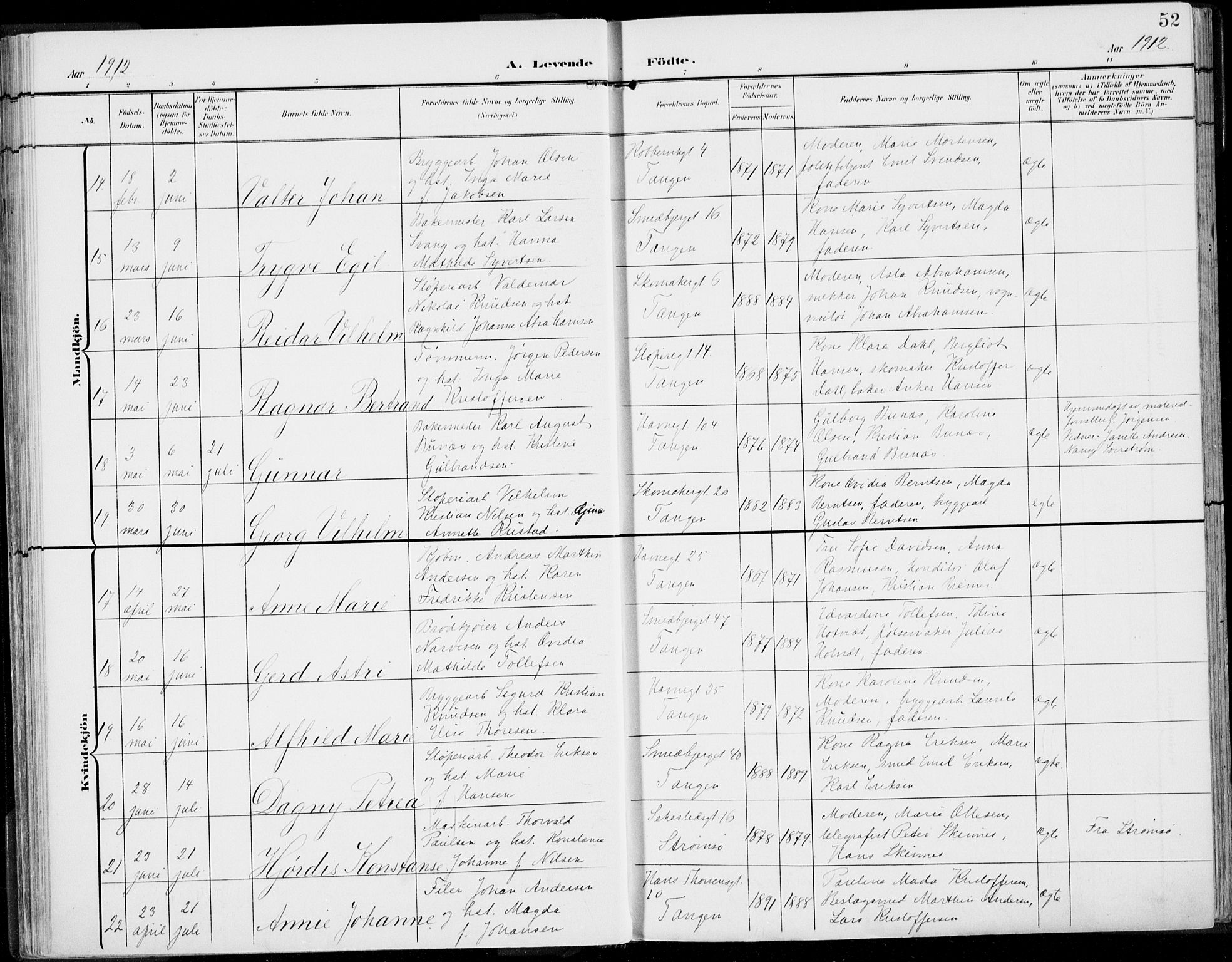 Strømsø kirkebøker, AV/SAKO-A-246/F/Fb/L0008: Parish register (official) no. II 8, 1902-1933, p. 52