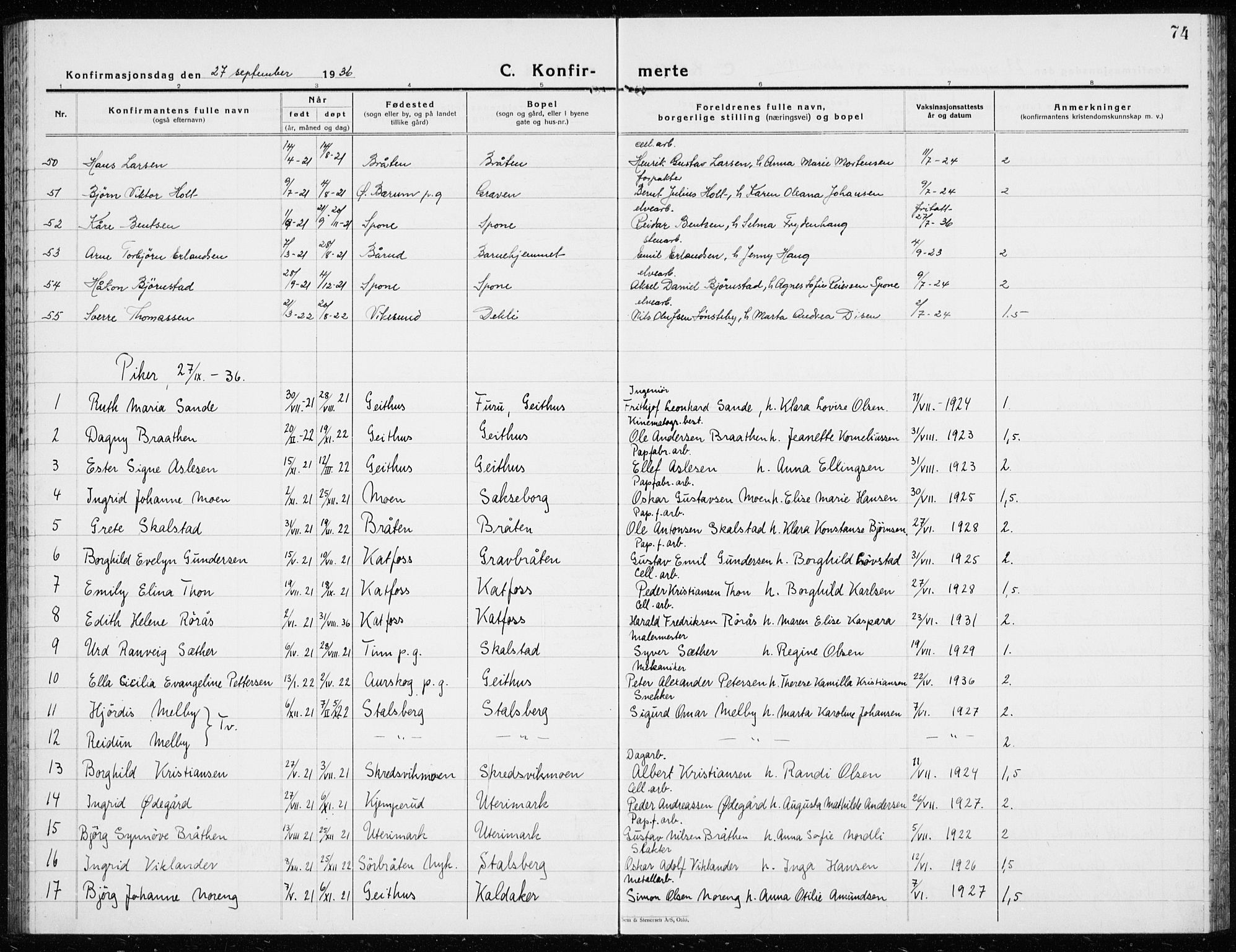 Modum kirkebøker, AV/SAKO-A-234/G/Ga/L0013: Parish register (copy) no. I 13, 1925-1938, p. 74