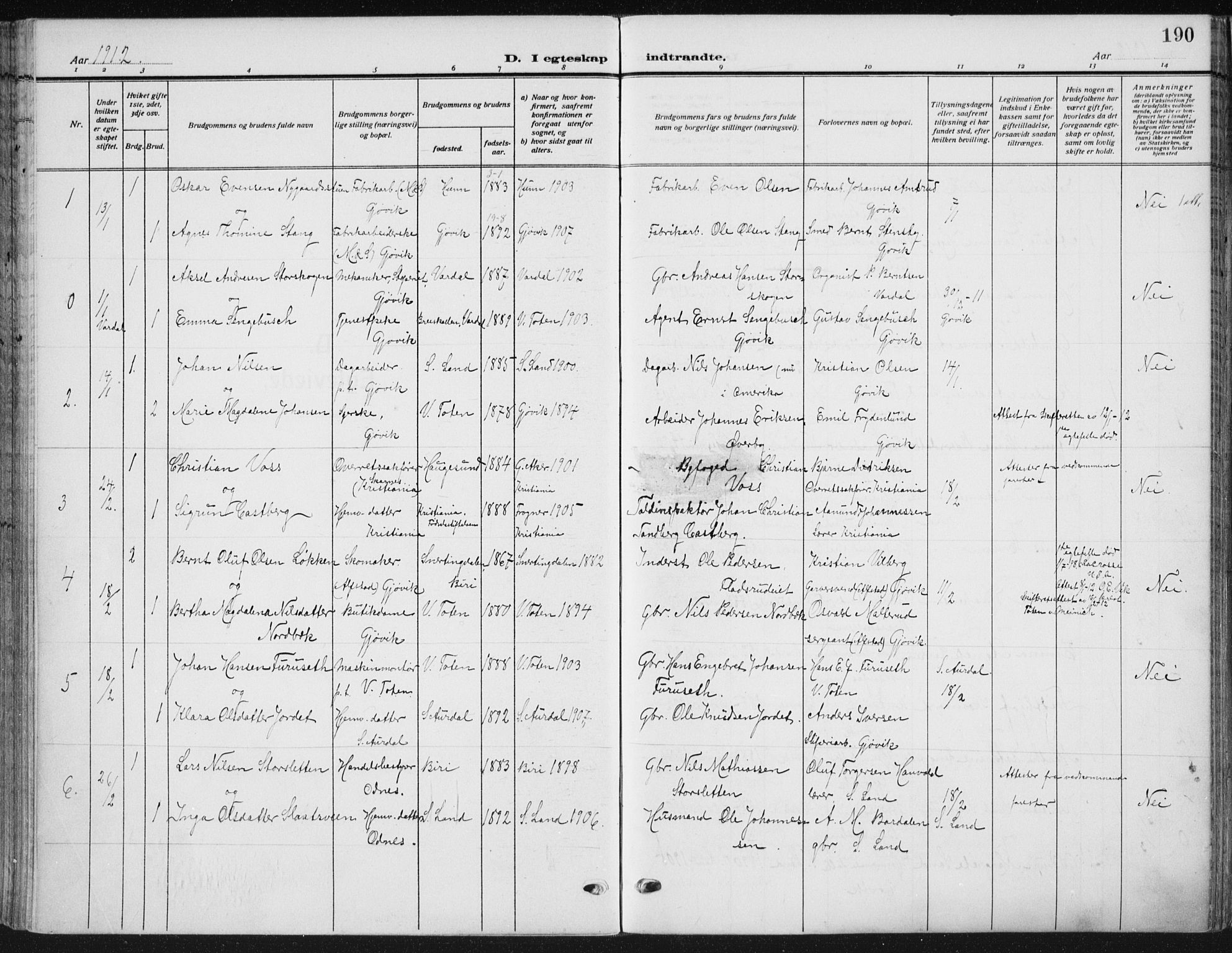 Vardal prestekontor, SAH/PREST-100/H/Ha/Haa/L0014: Parish register (official) no. 14, 1912-1922, p. 190