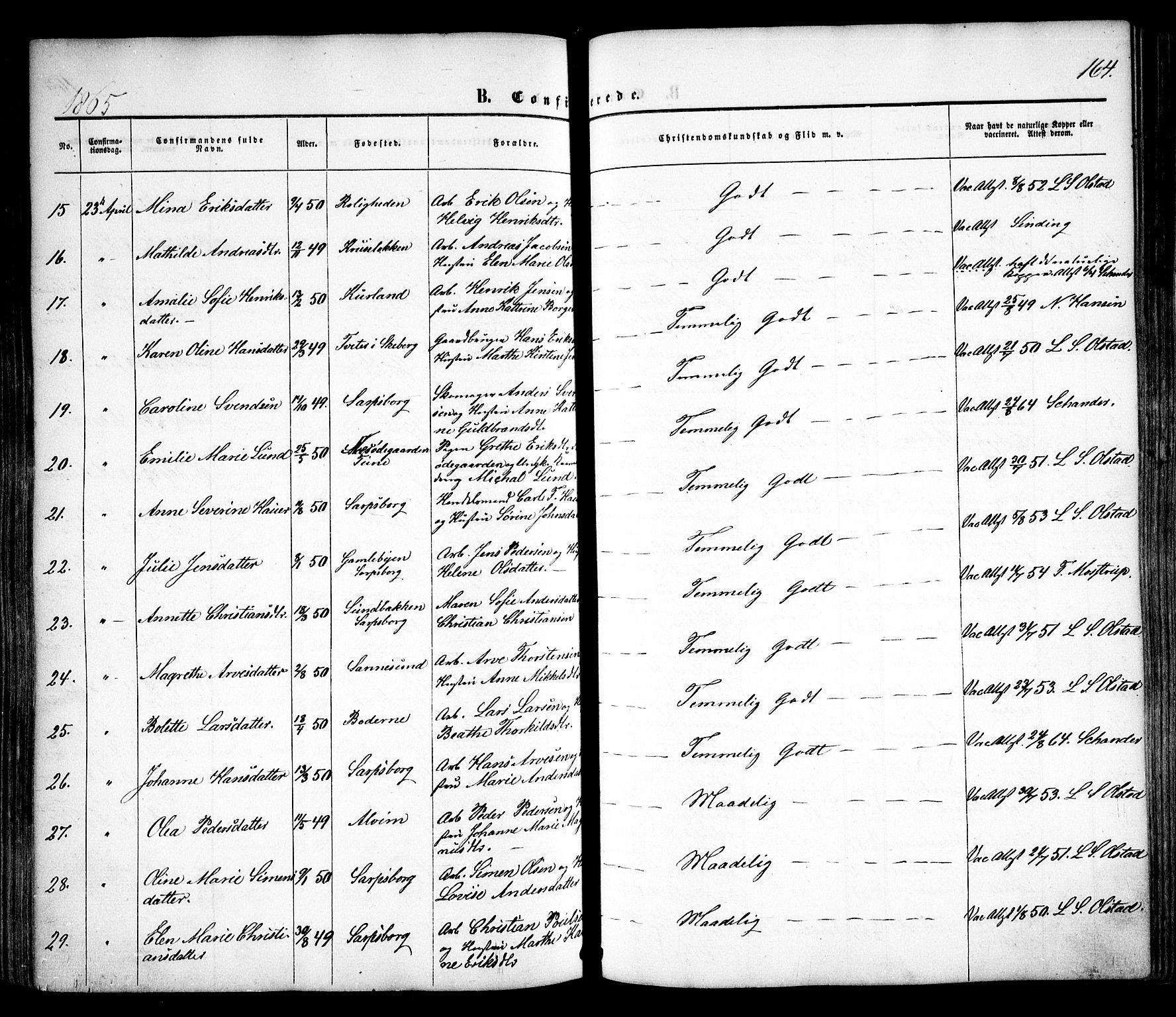 Sarpsborg prestekontor Kirkebøker, SAO/A-2006/F/Fa/L0001: Parish register (official) no. 1, 1859-1868, p. 164