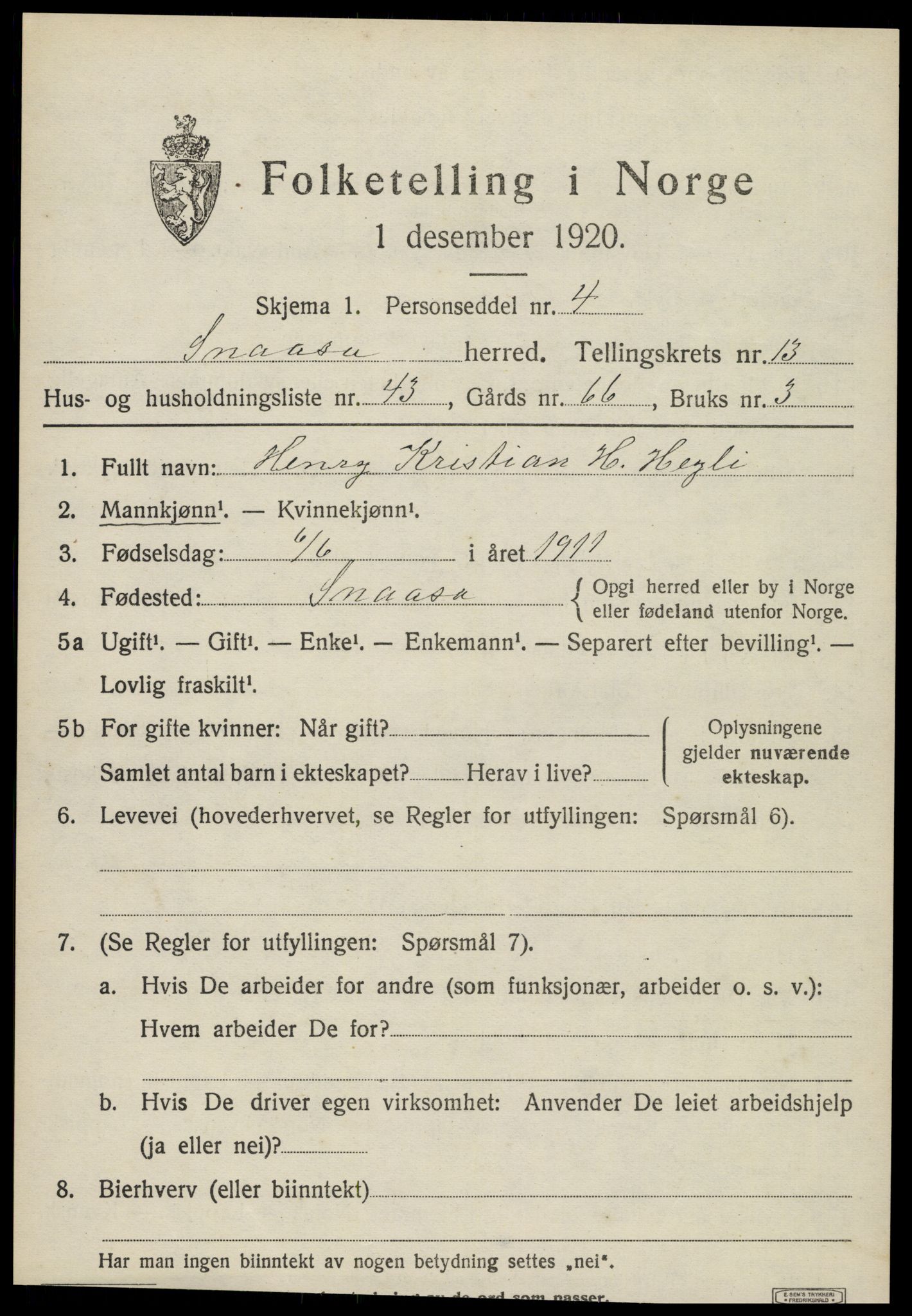 SAT, 1920 census for Snåsa, 1920, p. 6108