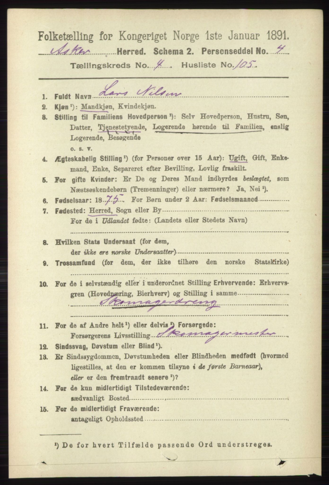 RA, 1891 census for 0220 Asker, 1891, p. 3623