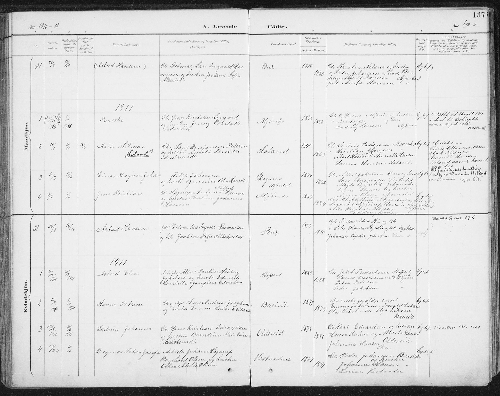 Ministerialprotokoller, klokkerbøker og fødselsregistre - Nordland, AV/SAT-A-1459/852/L0741: Parish register (official) no. 852A11, 1894-1917, p. 137