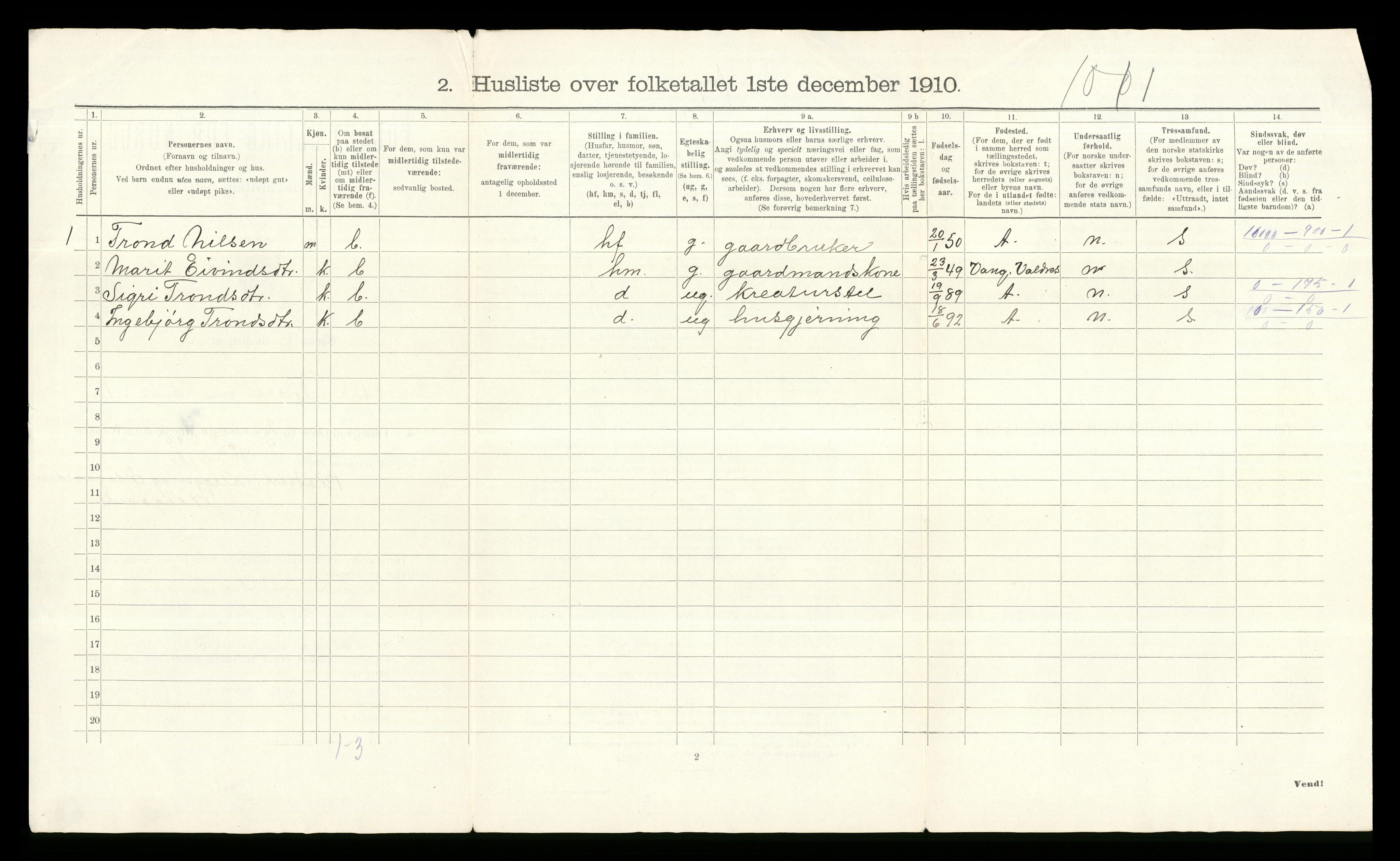 RA, 1910 census for Vestre Slidre, 1910, p. 50