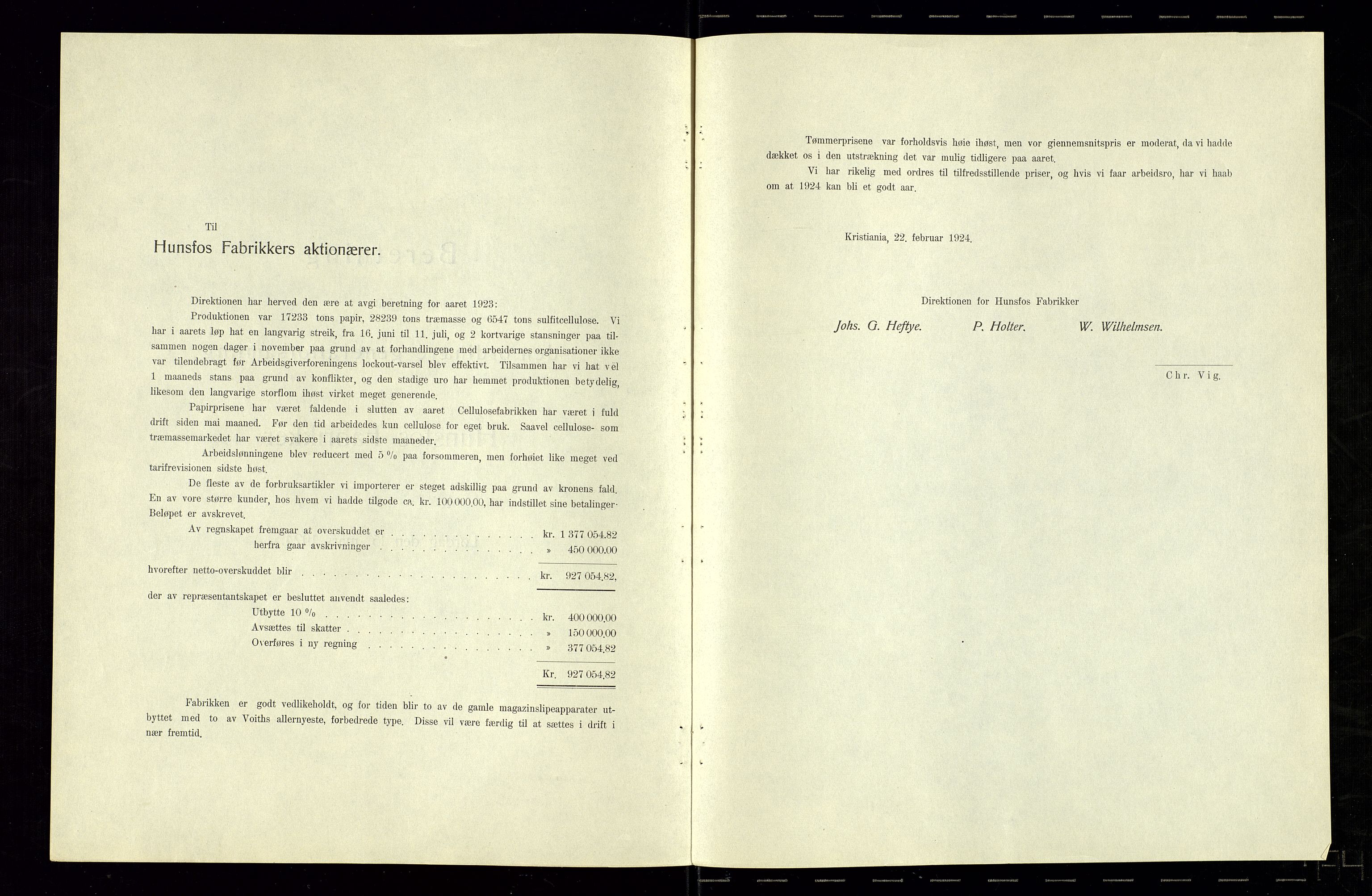 Hunsfos fabrikker, AV/SAK-D/1440/01/L0001/0003: Vedtekter, anmeldelser og årsberetninger / Årsberetninger og regnskap, 1918-1989, p. 26