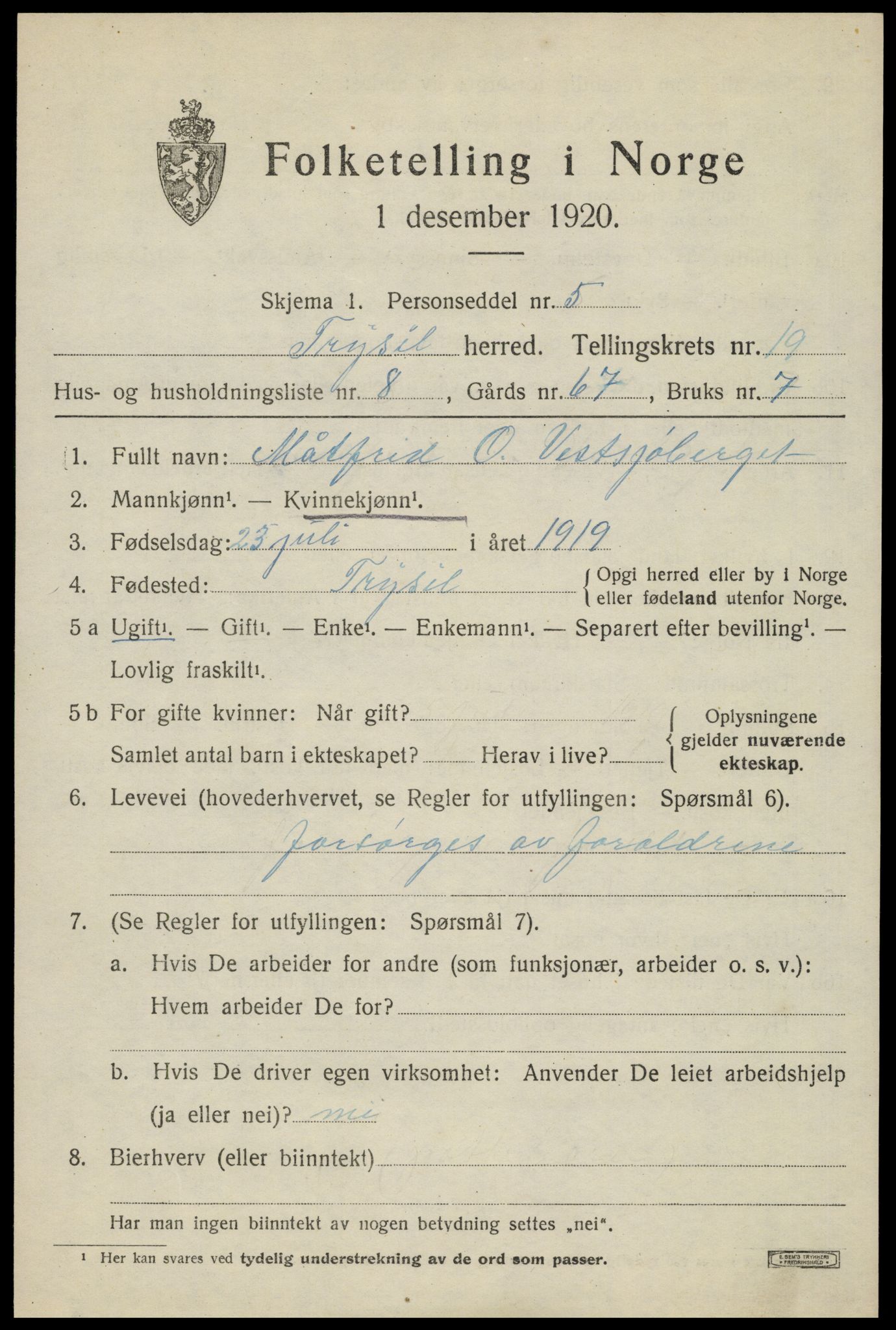 SAH, 1920 census for Trysil, 1920, p. 12823