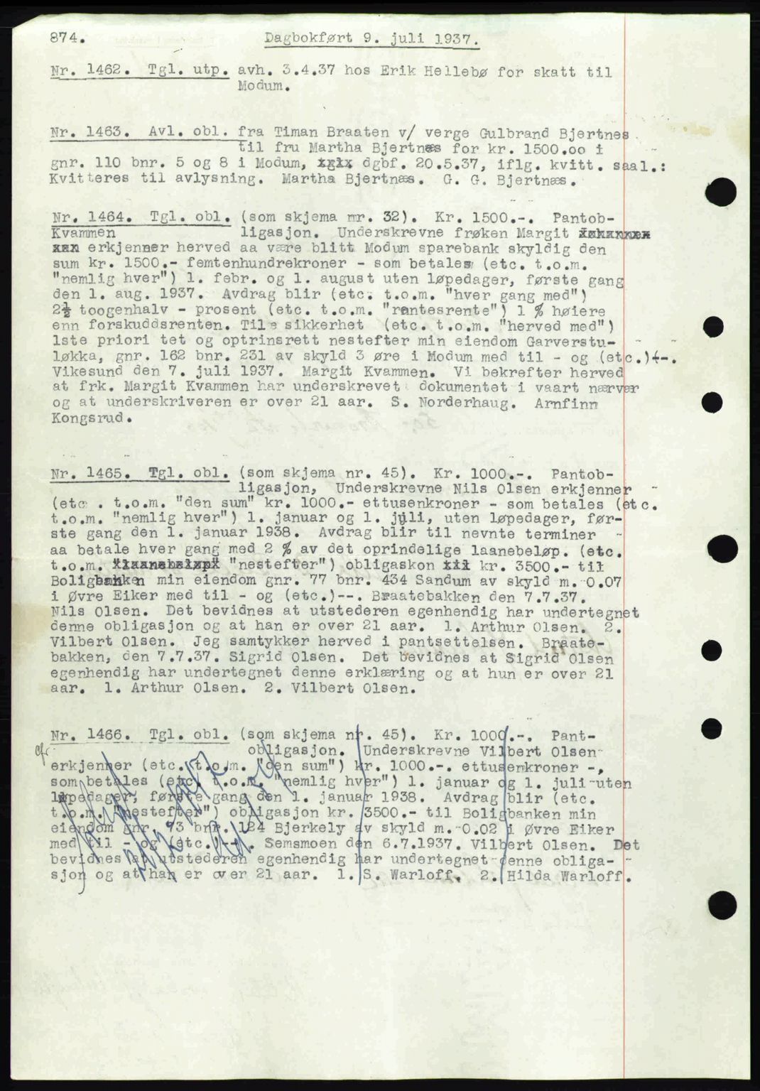 Eiker, Modum og Sigdal sorenskriveri, SAKO/A-123/G/Ga/Gab/L0035: Mortgage book no. A5, 1937-1937, Diary no: : 1462/1937