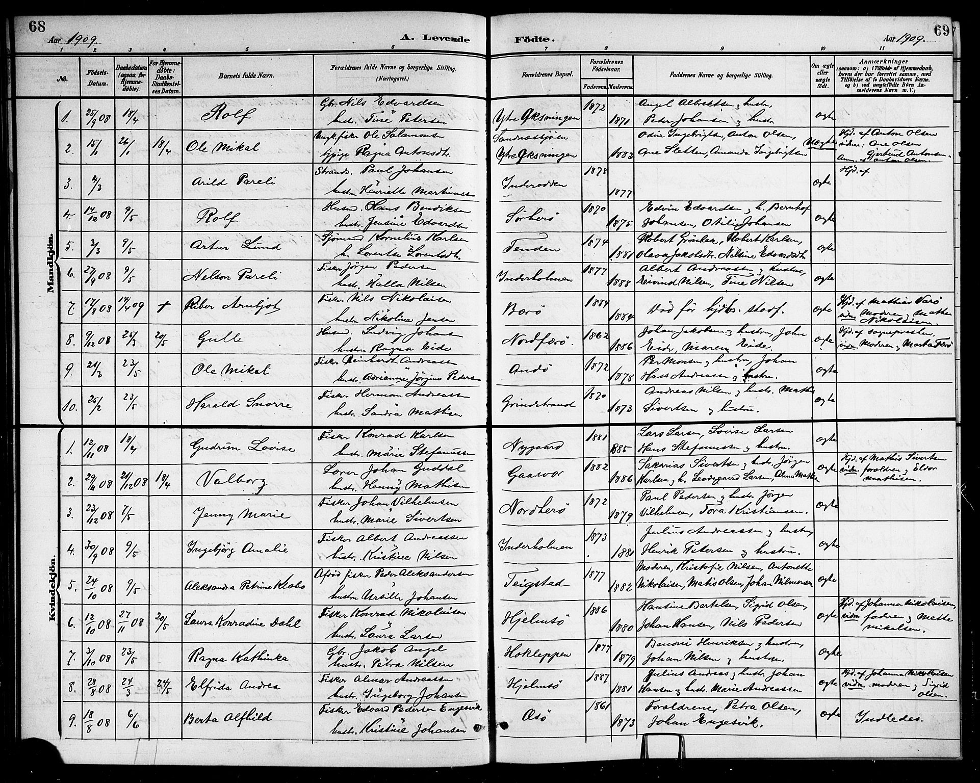 Ministerialprotokoller, klokkerbøker og fødselsregistre - Nordland, SAT/A-1459/834/L0516: Parish register (copy) no. 834C06, 1902-1918, p. 68-69