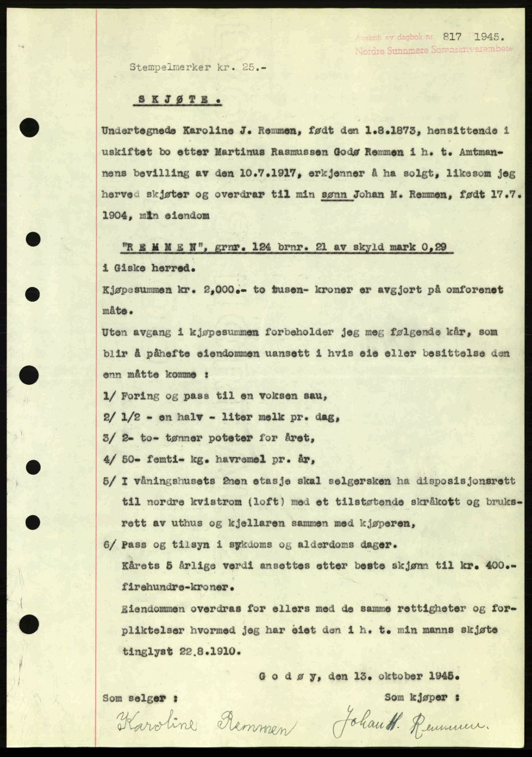 Nordre Sunnmøre sorenskriveri, AV/SAT-A-0006/1/2/2C/2Ca: Mortgage book no. A20a, 1945-1945, Diary no: : 817/1945