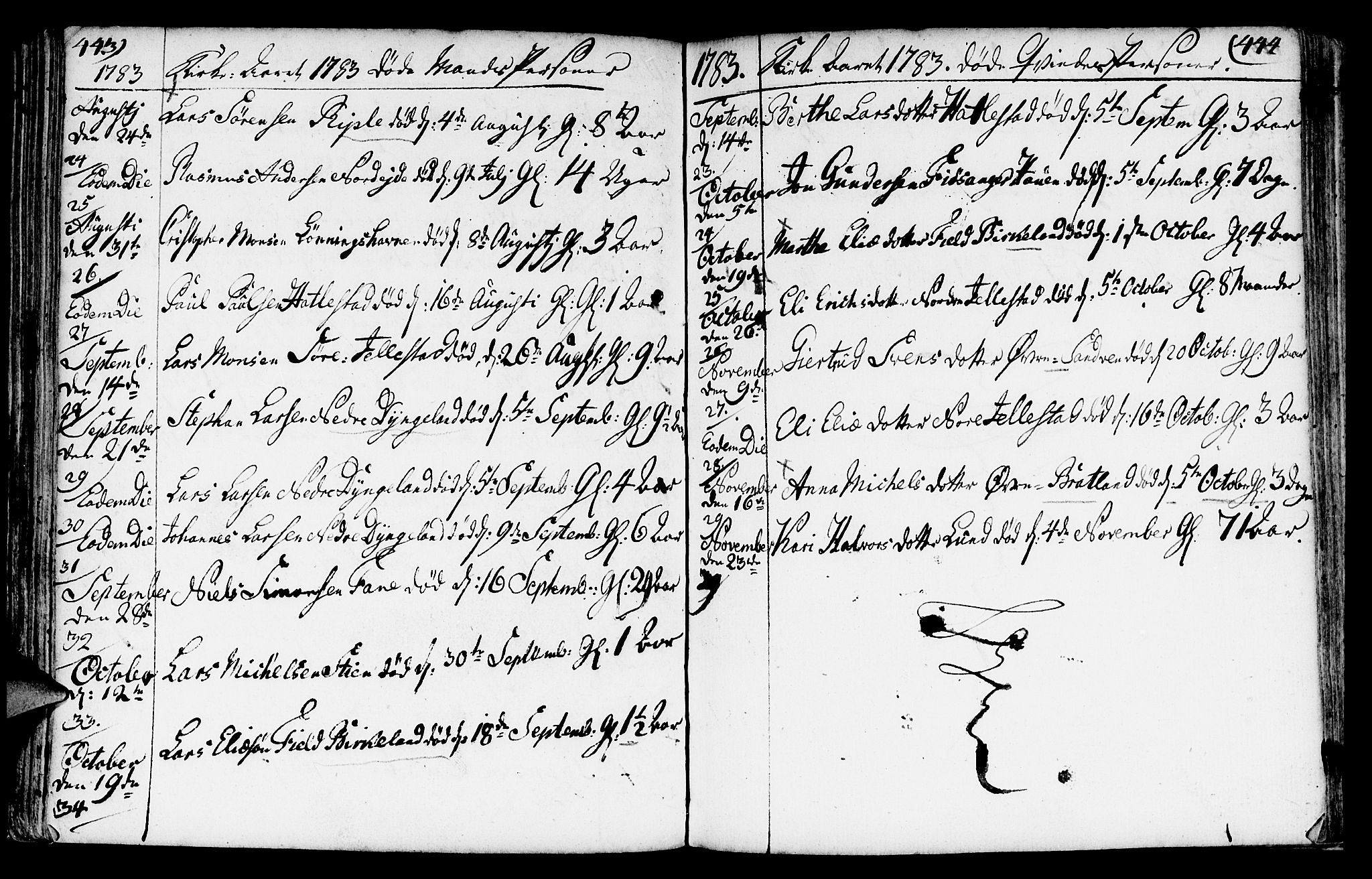 Fana Sokneprestembete, AV/SAB-A-75101/H/Haa/Haaa/L0005: Parish register (official) no. A 5, 1773-1799, p. 443-444