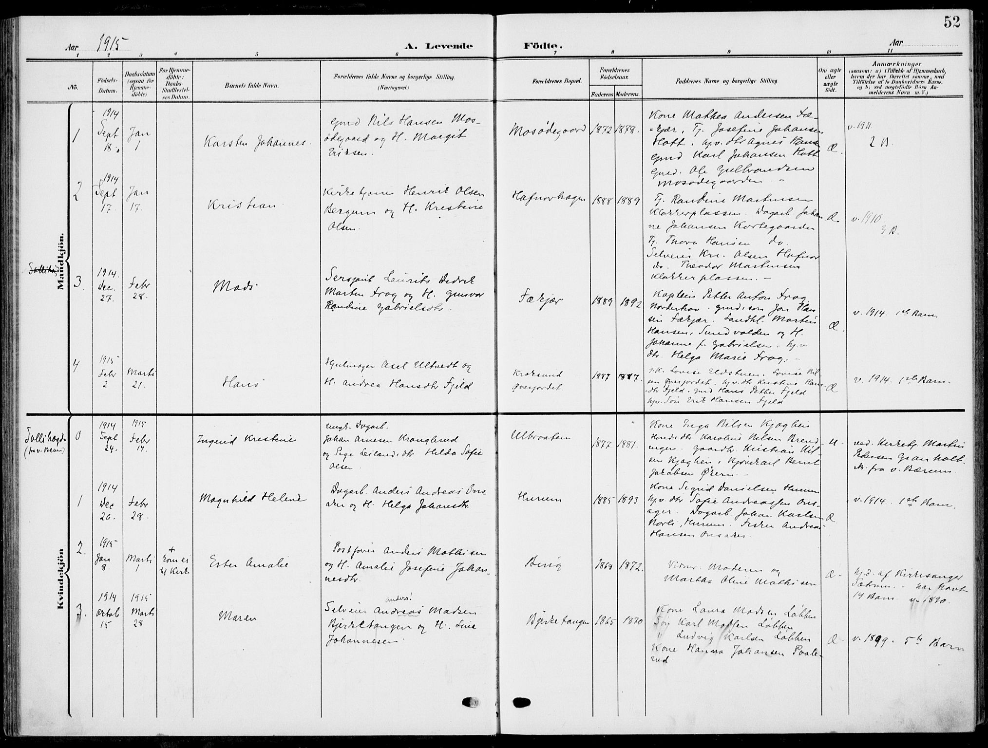 Hole kirkebøker, SAKO/A-228/F/Fa/L0010: Parish register (official) no. I 10, 1907-1917, p. 52