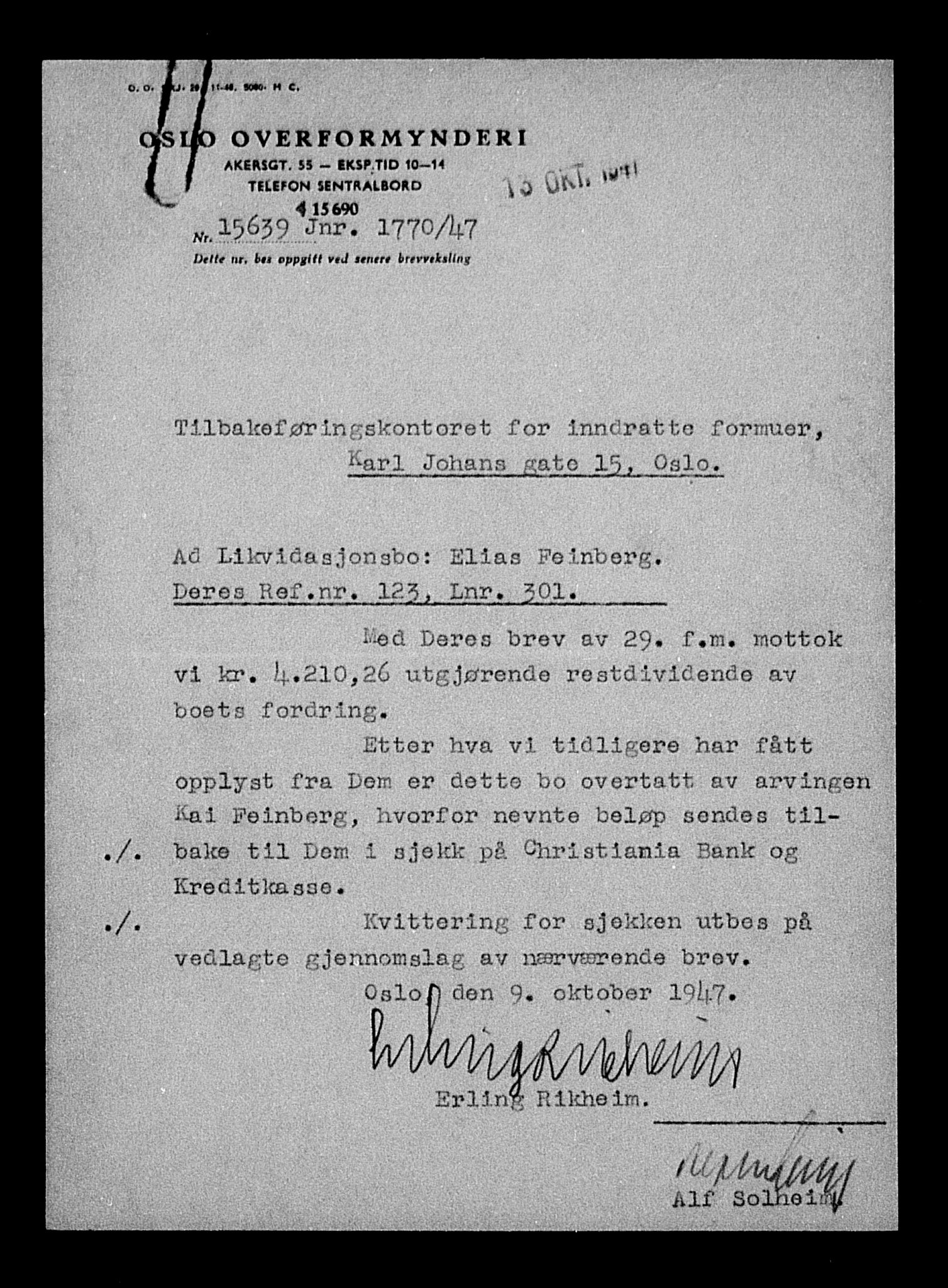 Justisdepartementet, Tilbakeføringskontoret for inndratte formuer, AV/RA-S-1564/H/Hc/Hcc/L0934: --, 1945-1947, p. 165