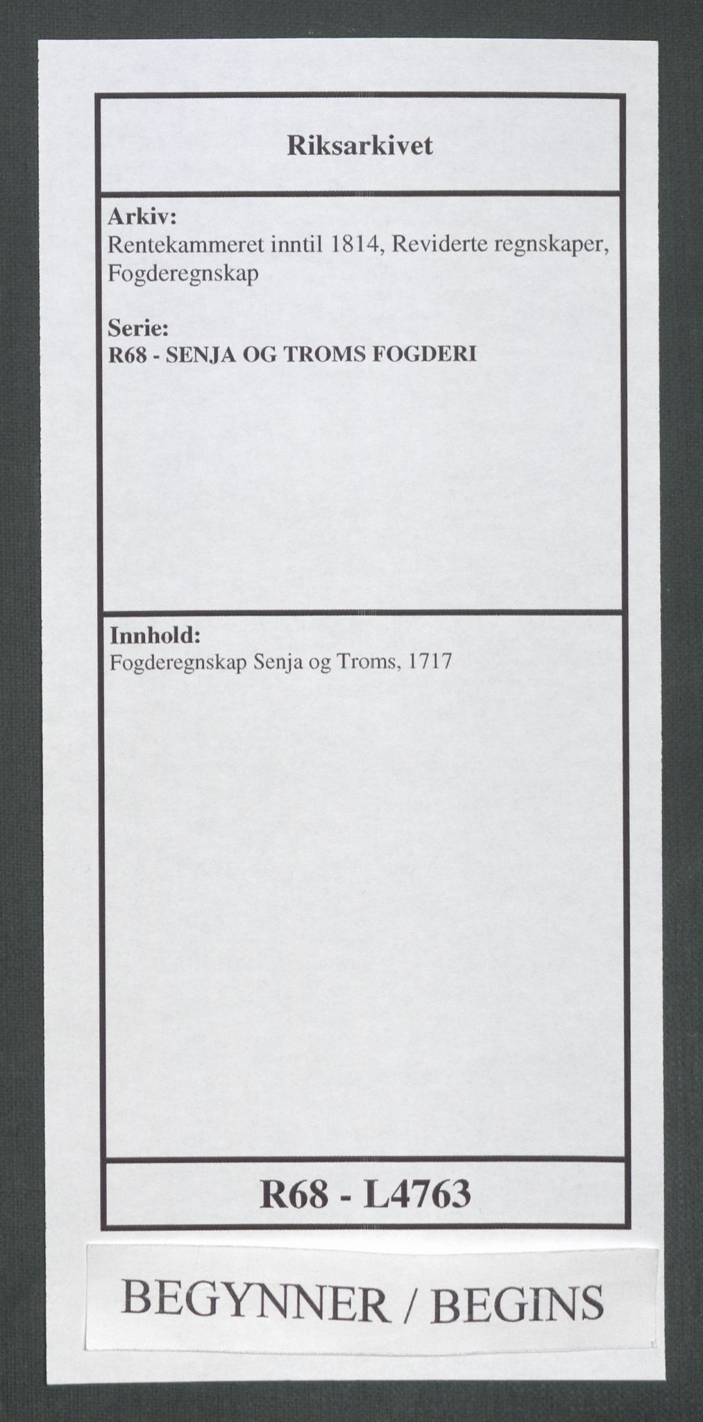 Rentekammeret inntil 1814, Reviderte regnskaper, Fogderegnskap, AV/RA-EA-4092/R68/L4763: Fogderegnskap Senja og Troms, 1717, p. 1