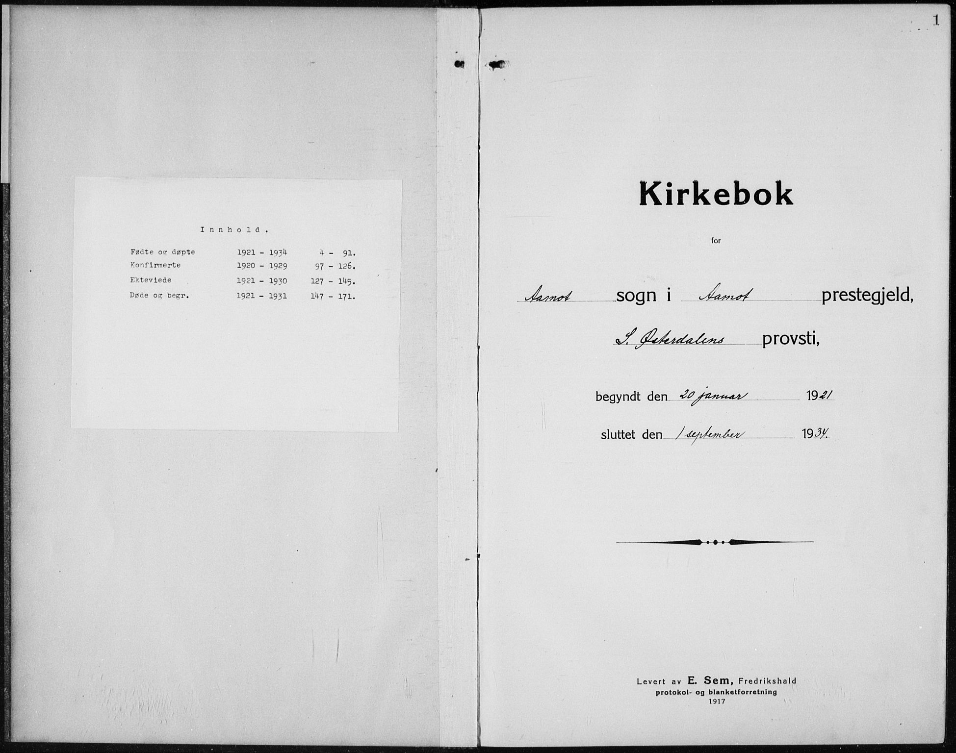 Åmot prestekontor, Hedmark, SAH/PREST-056/H/Ha/Hab/L0005: Parish register (copy) no. 5, 1921-1934, p. 1