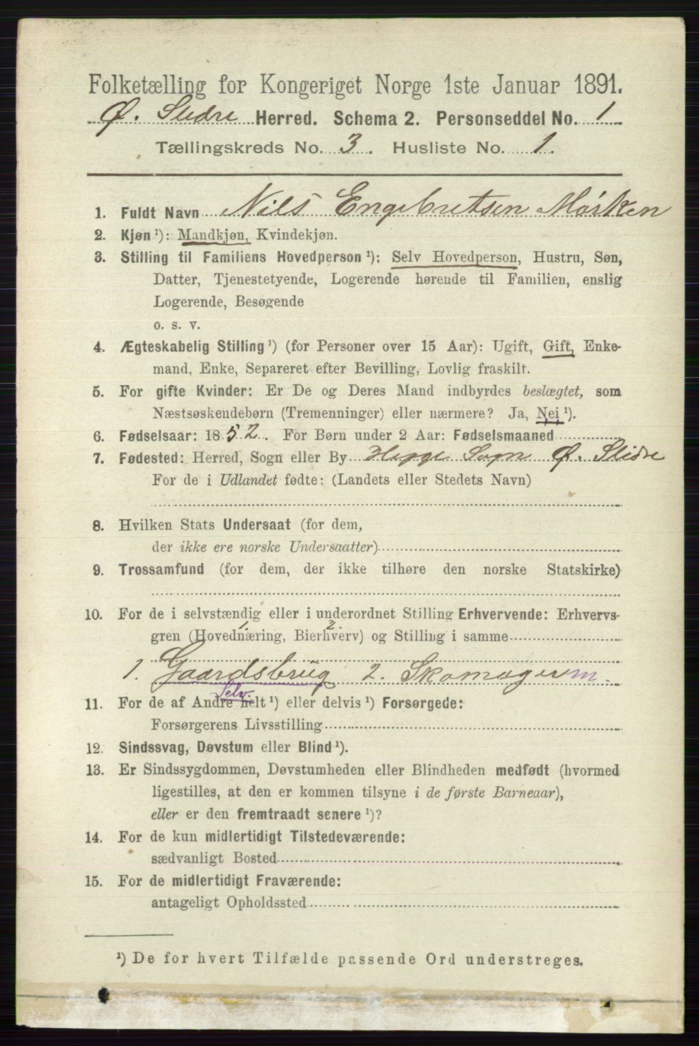 RA, 1891 census for 0544 Øystre Slidre, 1891, p. 600