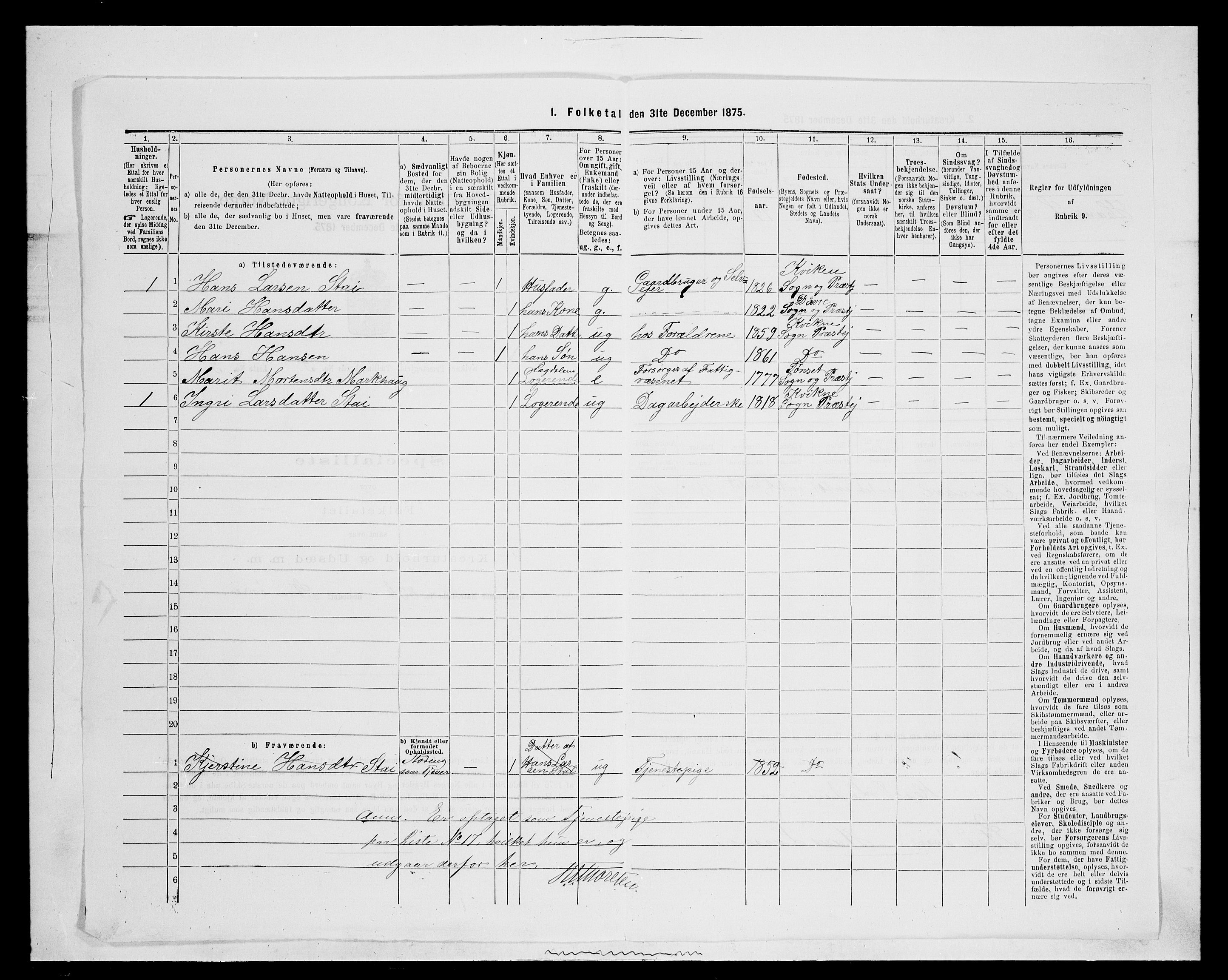 SAH, 1875 census for 0440P Kvikne, 1875, p. 275