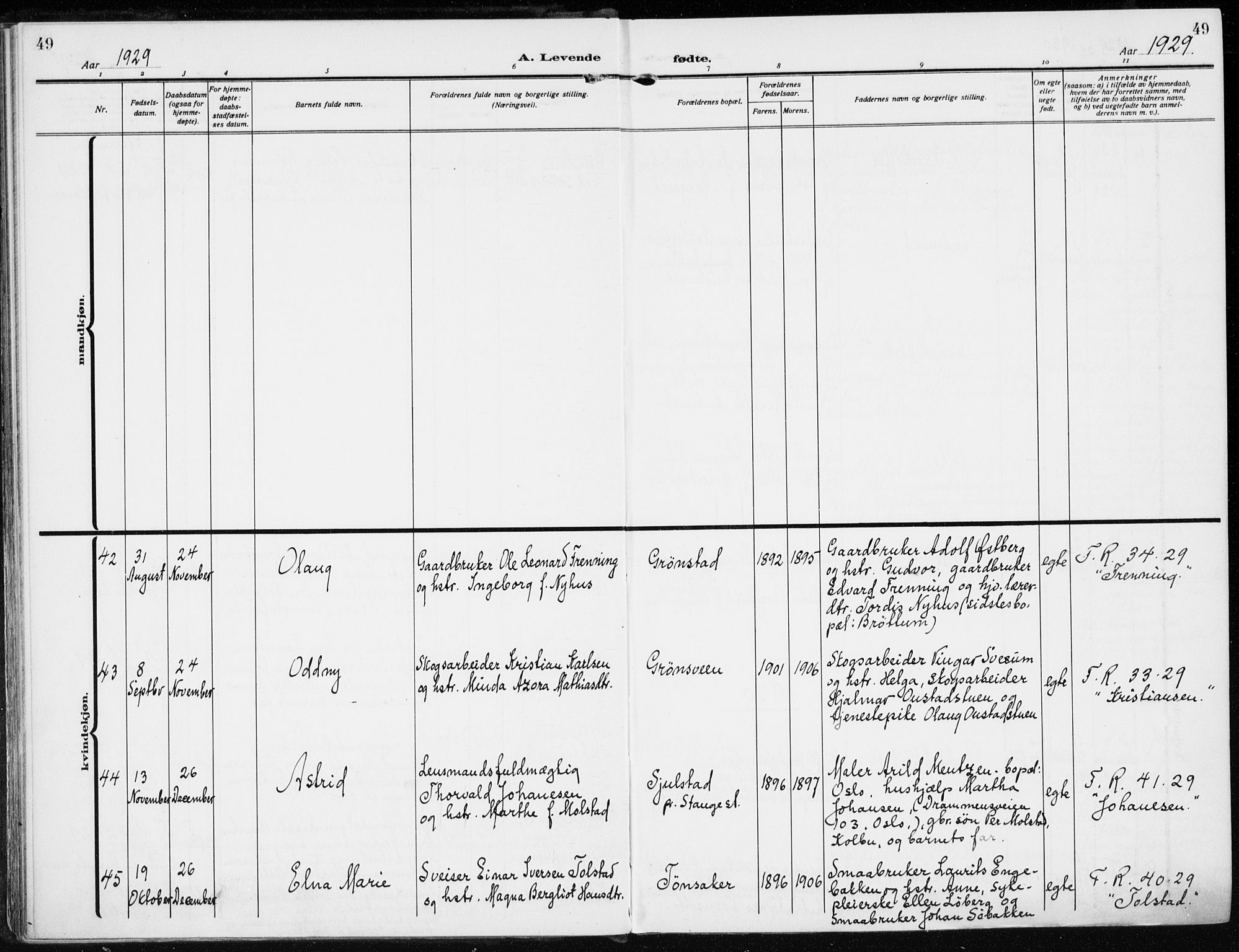 Stange prestekontor, AV/SAH-PREST-002/K/L0026: Parish register (official) no. 26, 1923-1937, p. 49