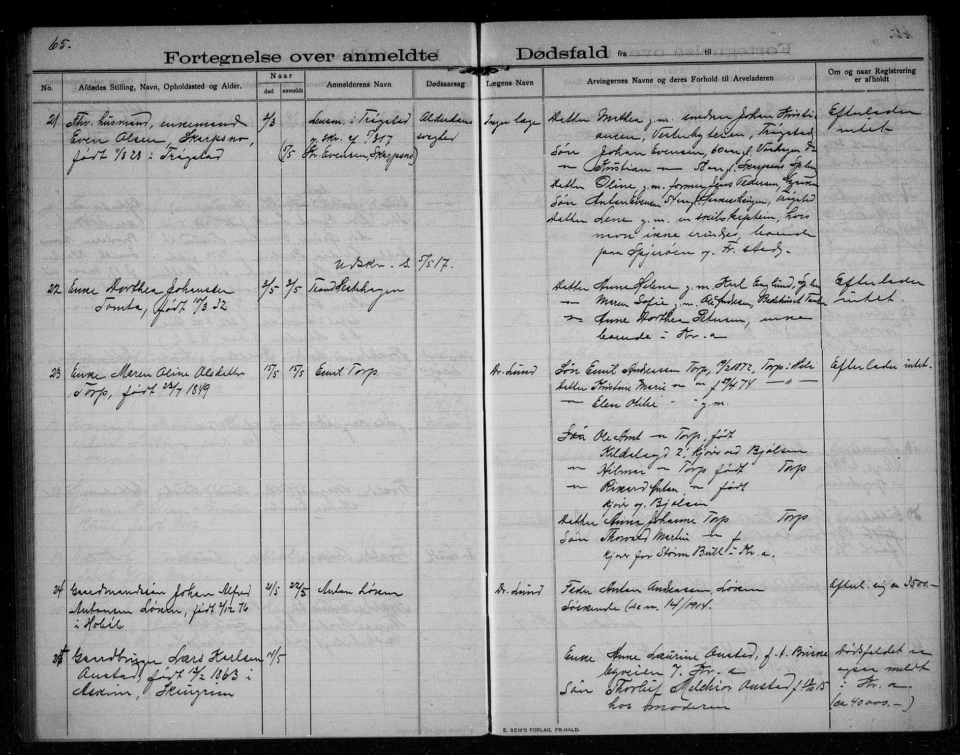 Spydeberg lensmannsarkiv, AV/SAO-A-10635/H/Ha/L0003: Dødsfallsprotokoll, 1908-1922, p. 65