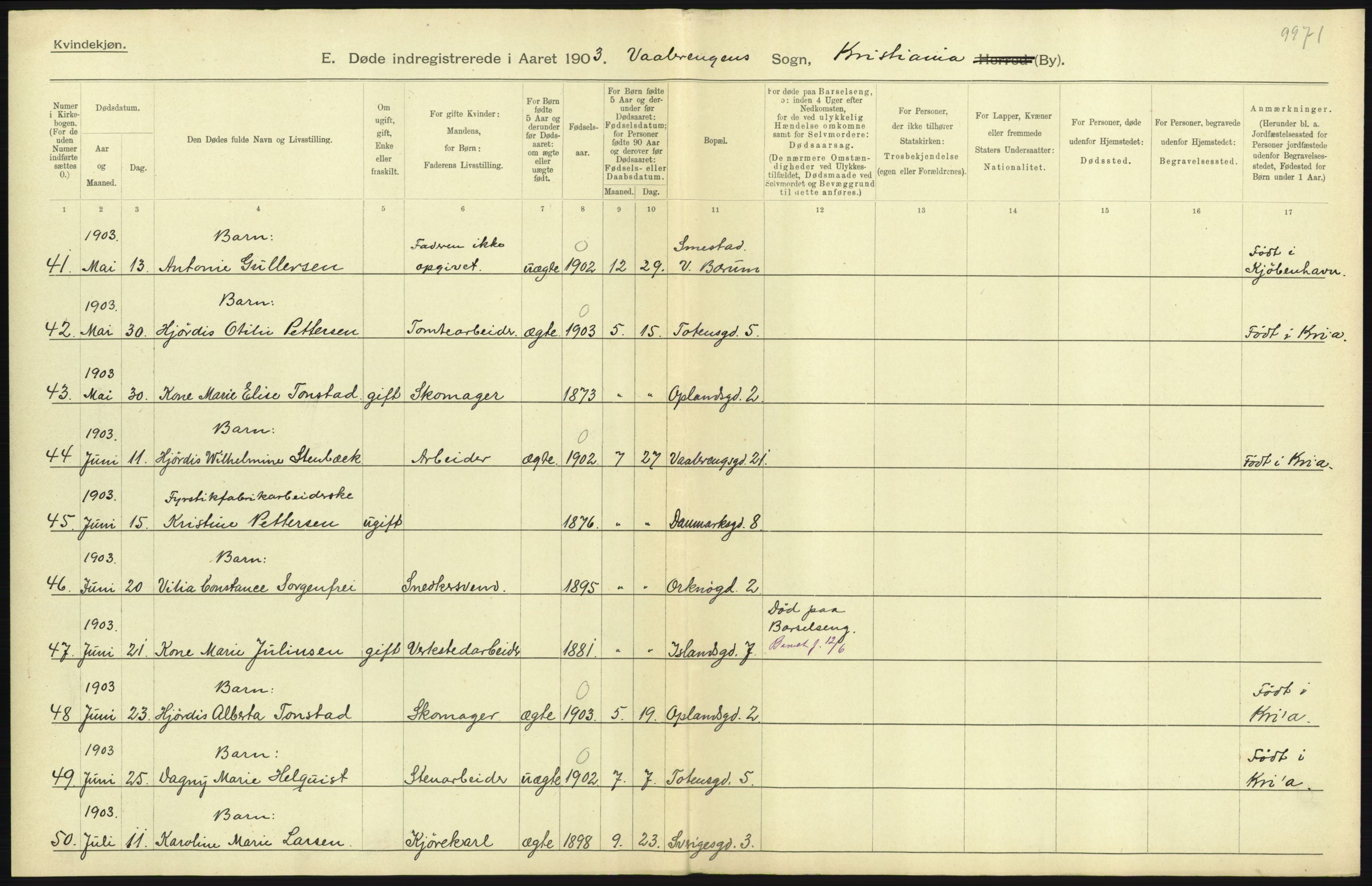 Statistisk sentralbyrå, Sosiodemografiske emner, Befolkning, AV/RA-S-2228/D/Df/Dfa/Dfaa/L0004: Kristiania: Gifte, døde, 1903, p. 423