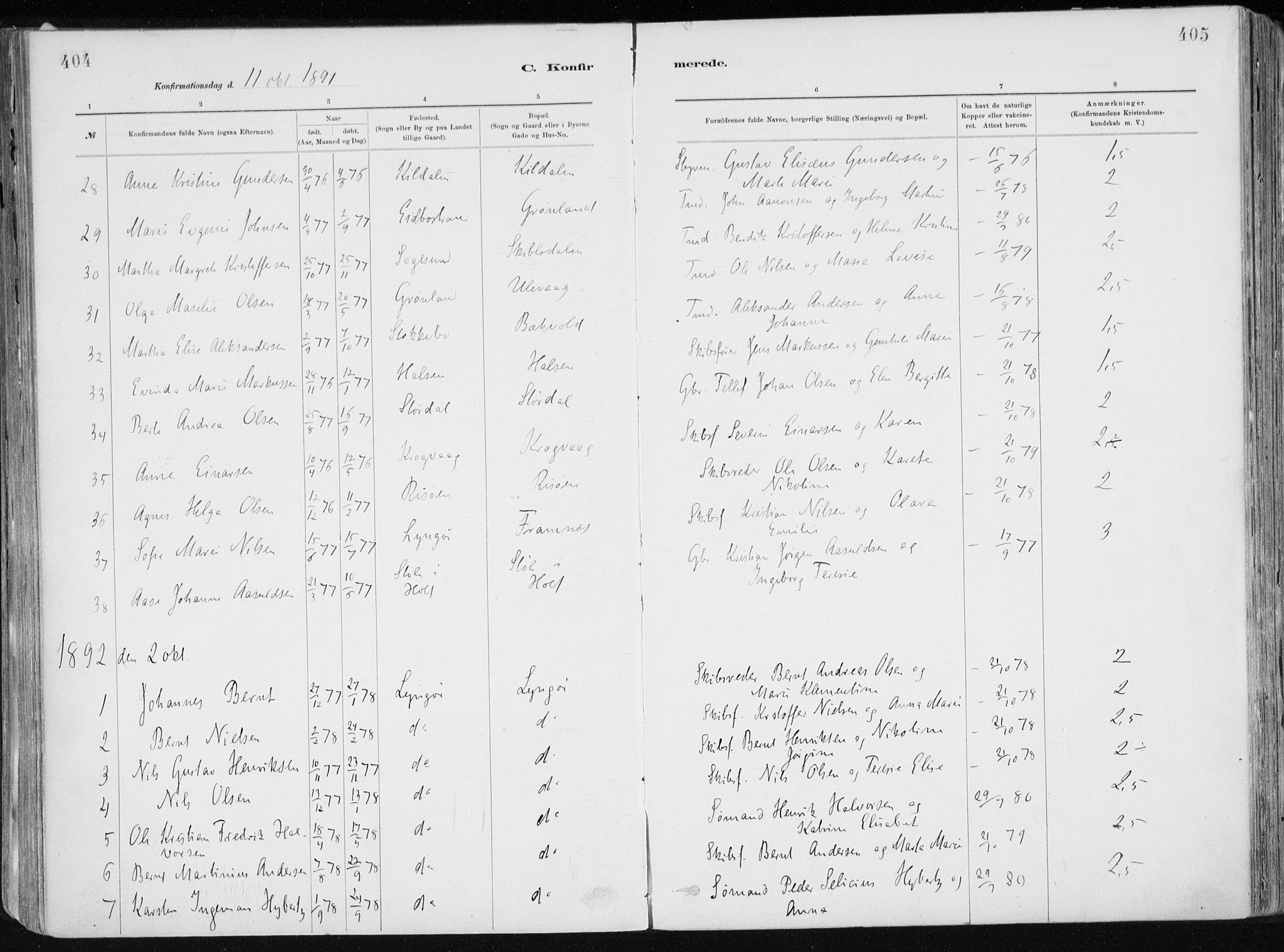 Dypvåg sokneprestkontor, SAK/1111-0007/F/Fa/Faa/L0008: Parish register (official) no. A 8, 1885-1906, p. 404-405