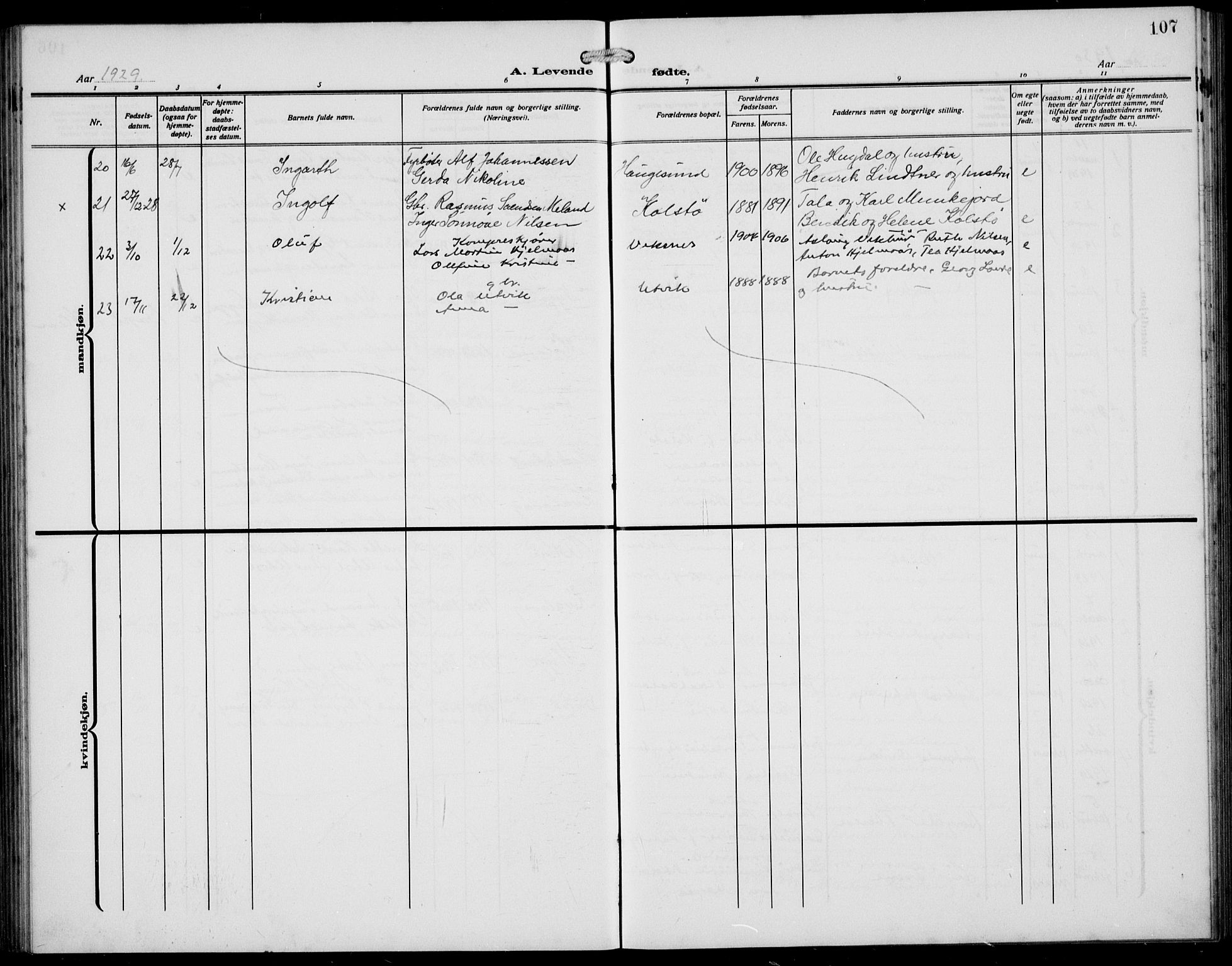 Avaldsnes sokneprestkontor, AV/SAST-A -101851/H/Ha/Hab/L0008: Parish register (copy) no. B 8, 1910-1939, p. 107