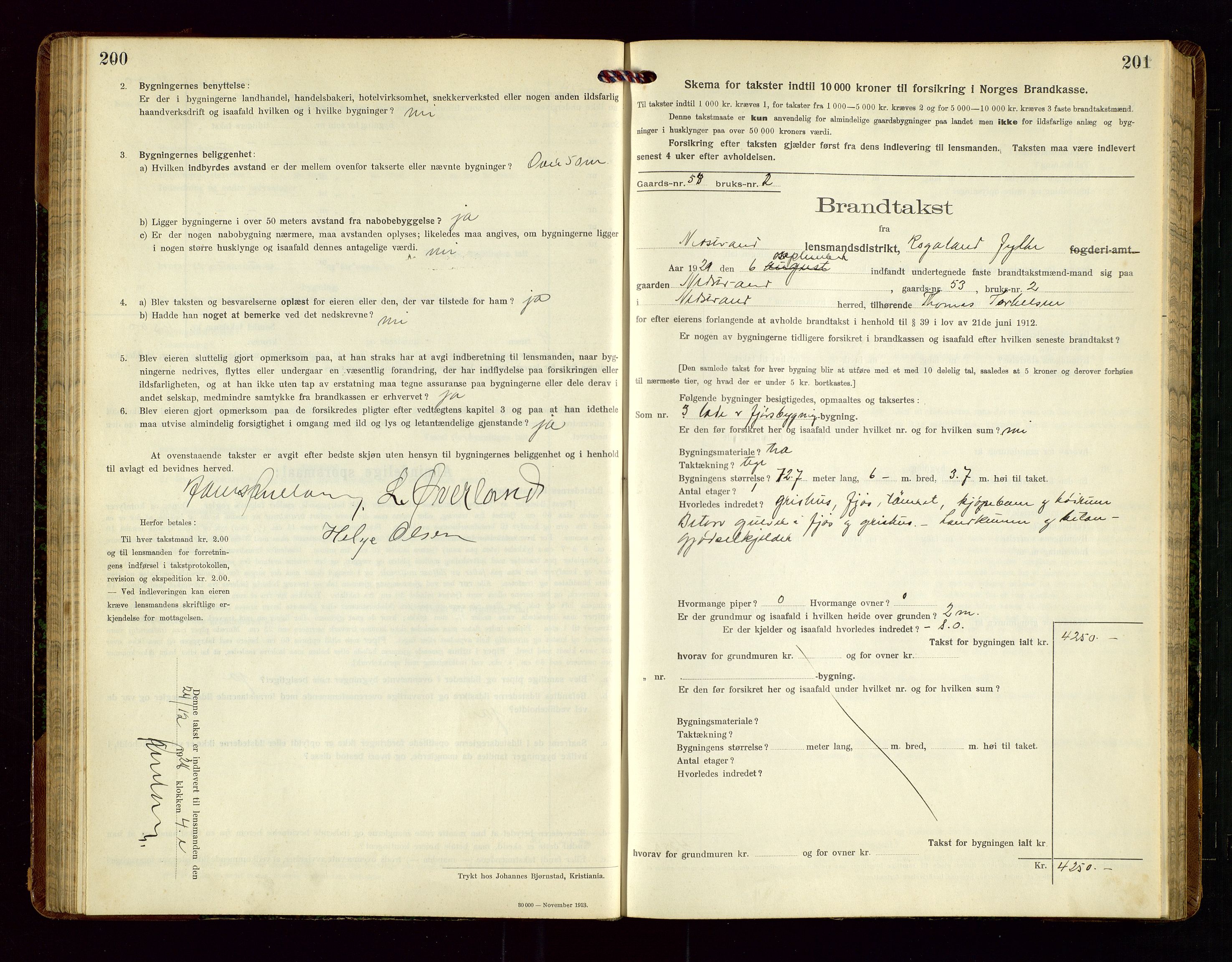 Nedstrand lensmannskontor, SAST/A-100236/Gob/L0002: "Brandtakstprotokol for Nerstrand lensmandsdistrikt Rogaland Fylke", 1916-1949, p. 200-201
