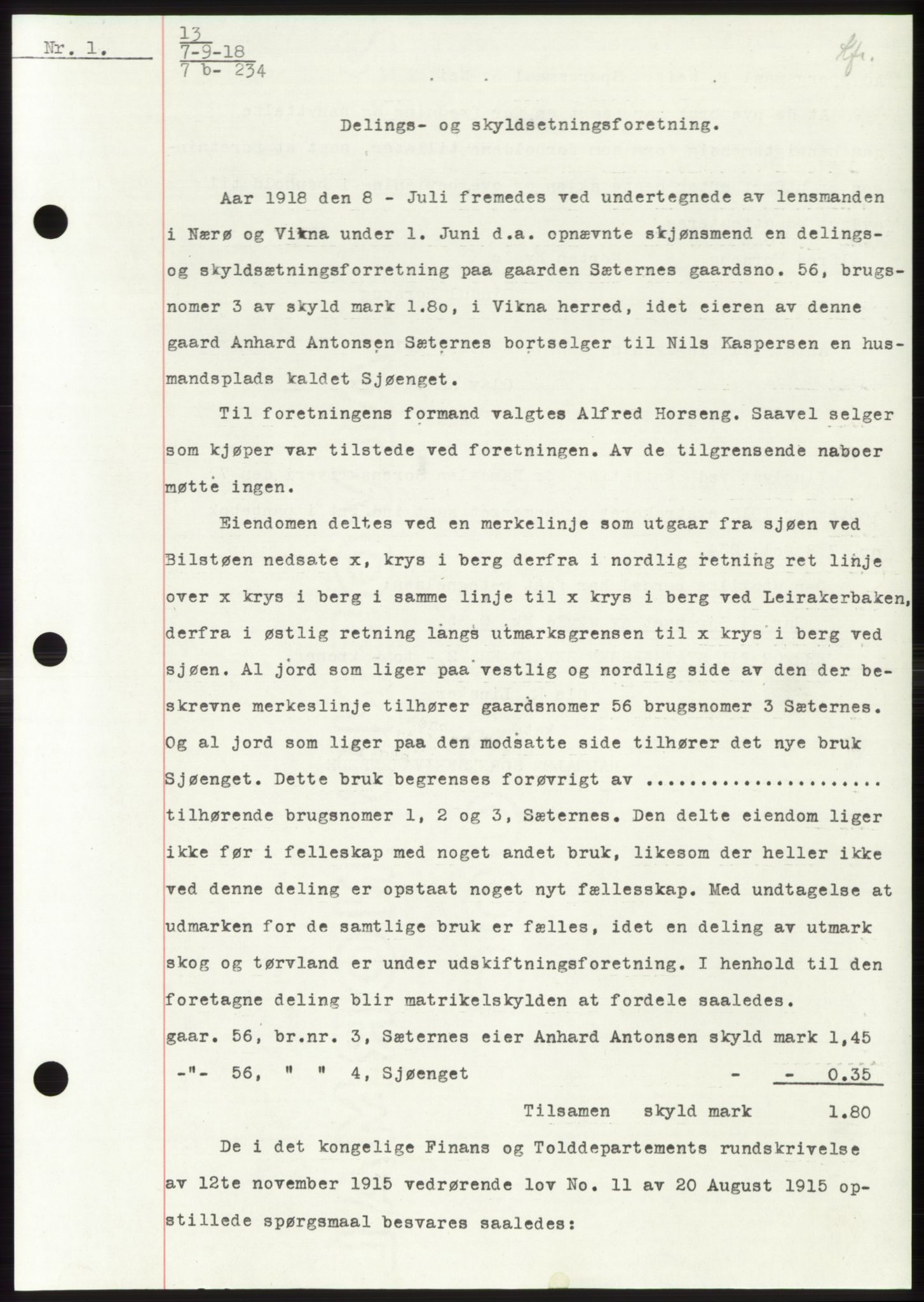 Namdal sorenskriveri, SAT/A-4133/1/2/2C: Mortgage book no. -, 1916-1921, Deed date: 07.09.1918