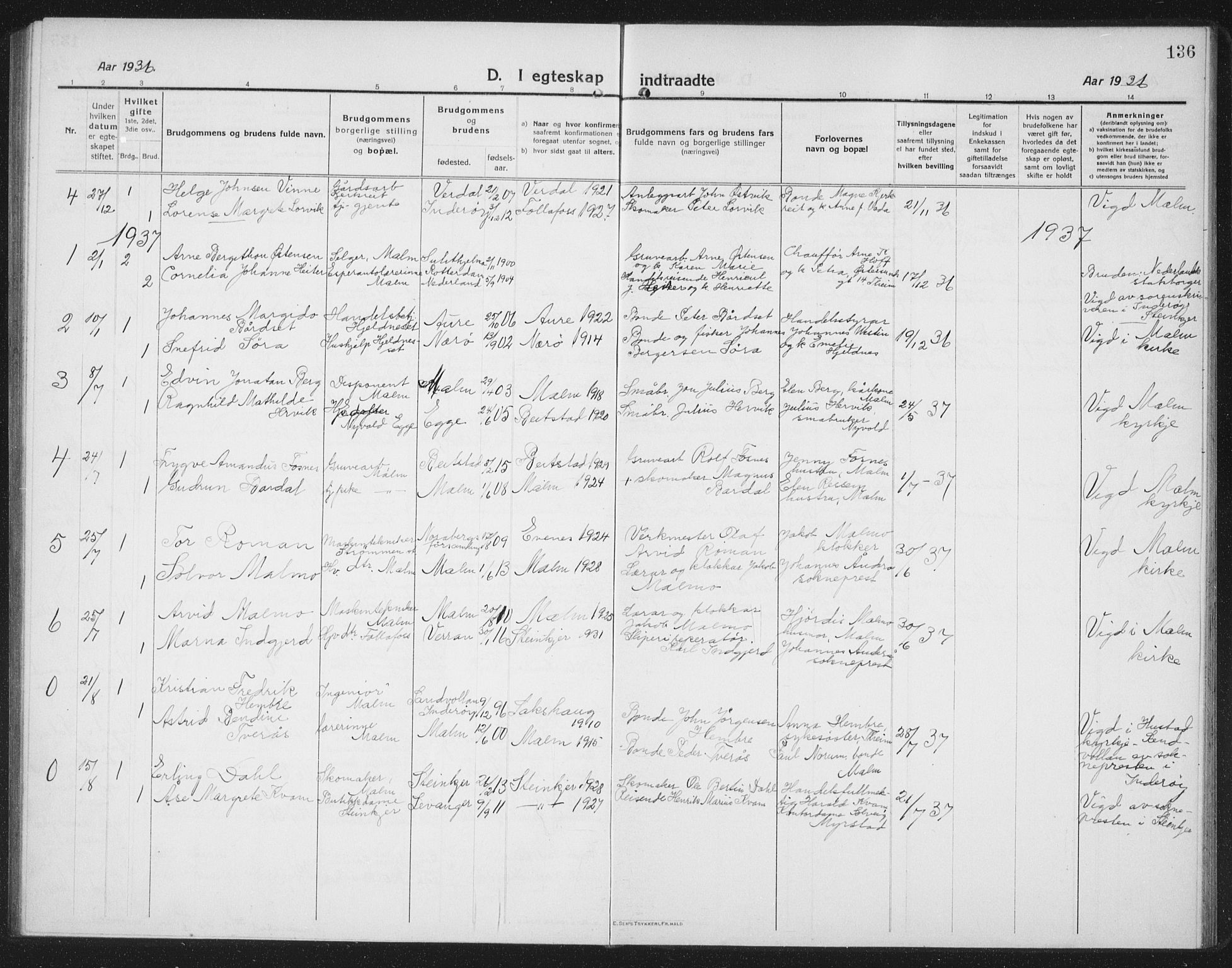 Ministerialprotokoller, klokkerbøker og fødselsregistre - Nord-Trøndelag, AV/SAT-A-1458/745/L0434: Parish register (copy) no. 745C03, 1914-1937, p. 136