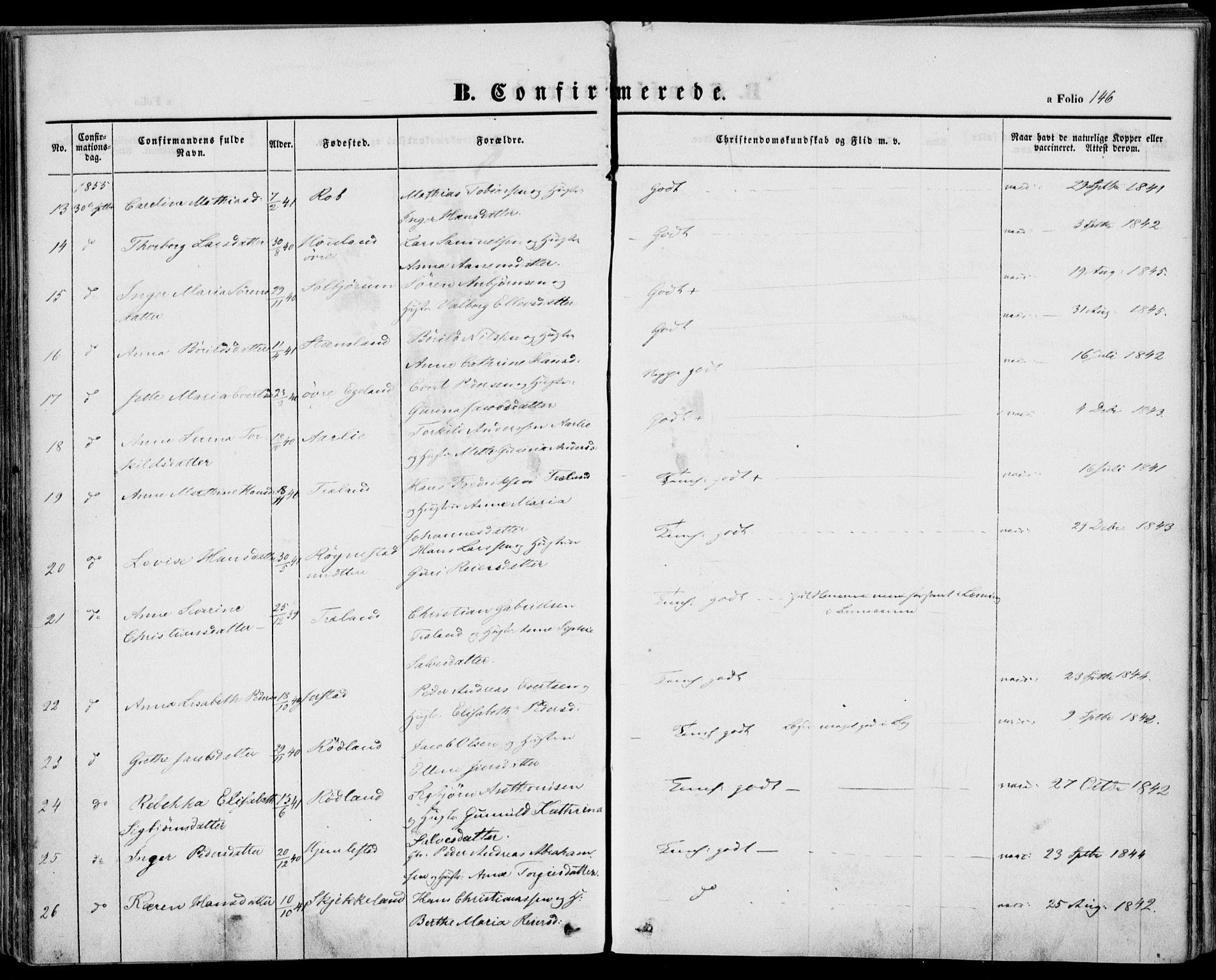 Kvinesdal sokneprestkontor, AV/SAK-1111-0026/F/Fa/Fab/L0005: Parish register (official) no. A 5, 1844-1857, p. 146