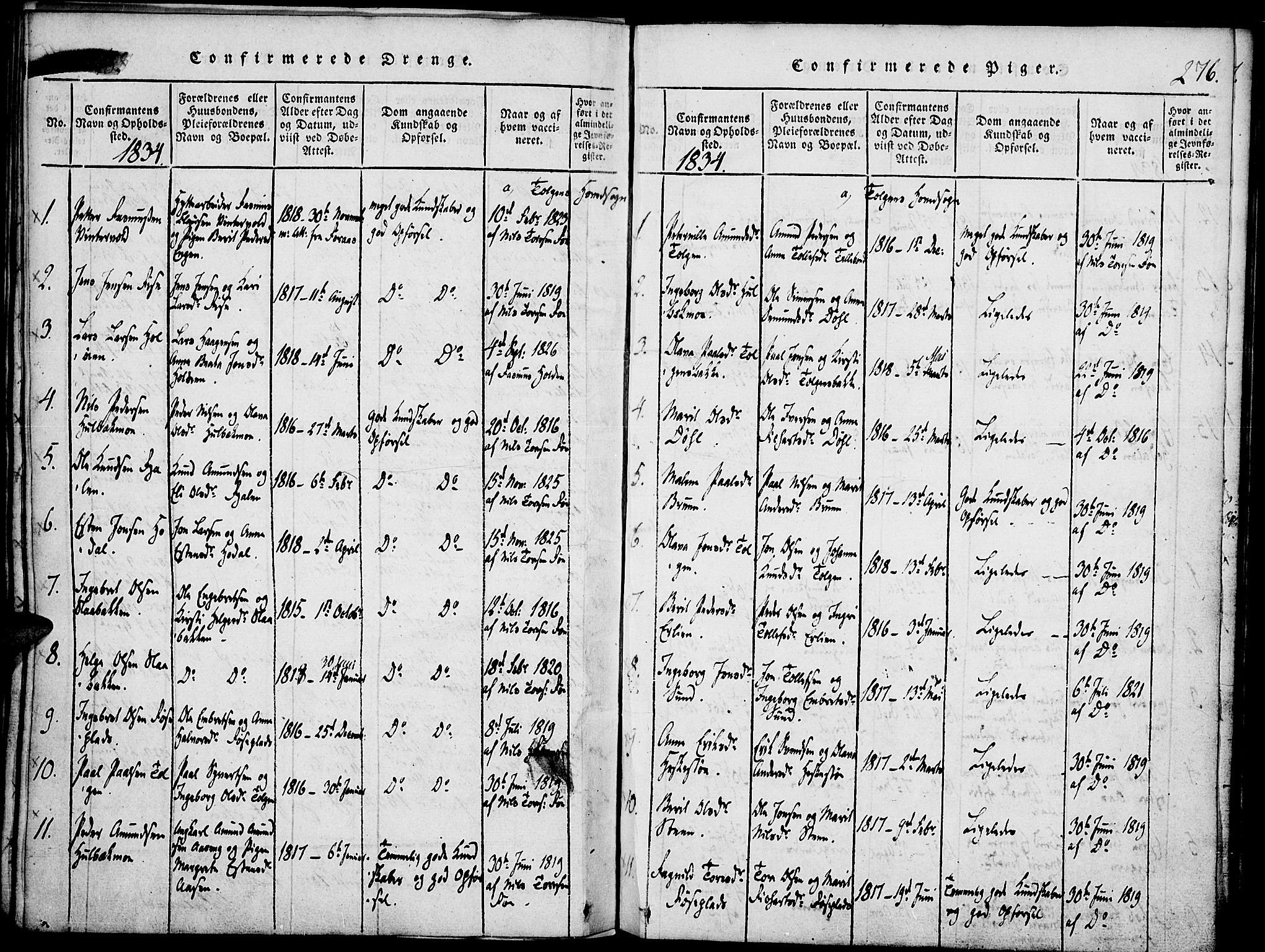 Tolga prestekontor, SAH/PREST-062/K/L0004: Parish register (official) no. 4, 1815-1836, p. 276